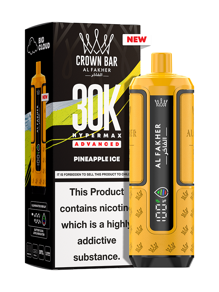 close-up view Al Fakher Crown Bar Vape 30K Hypermax Pineapple Ice