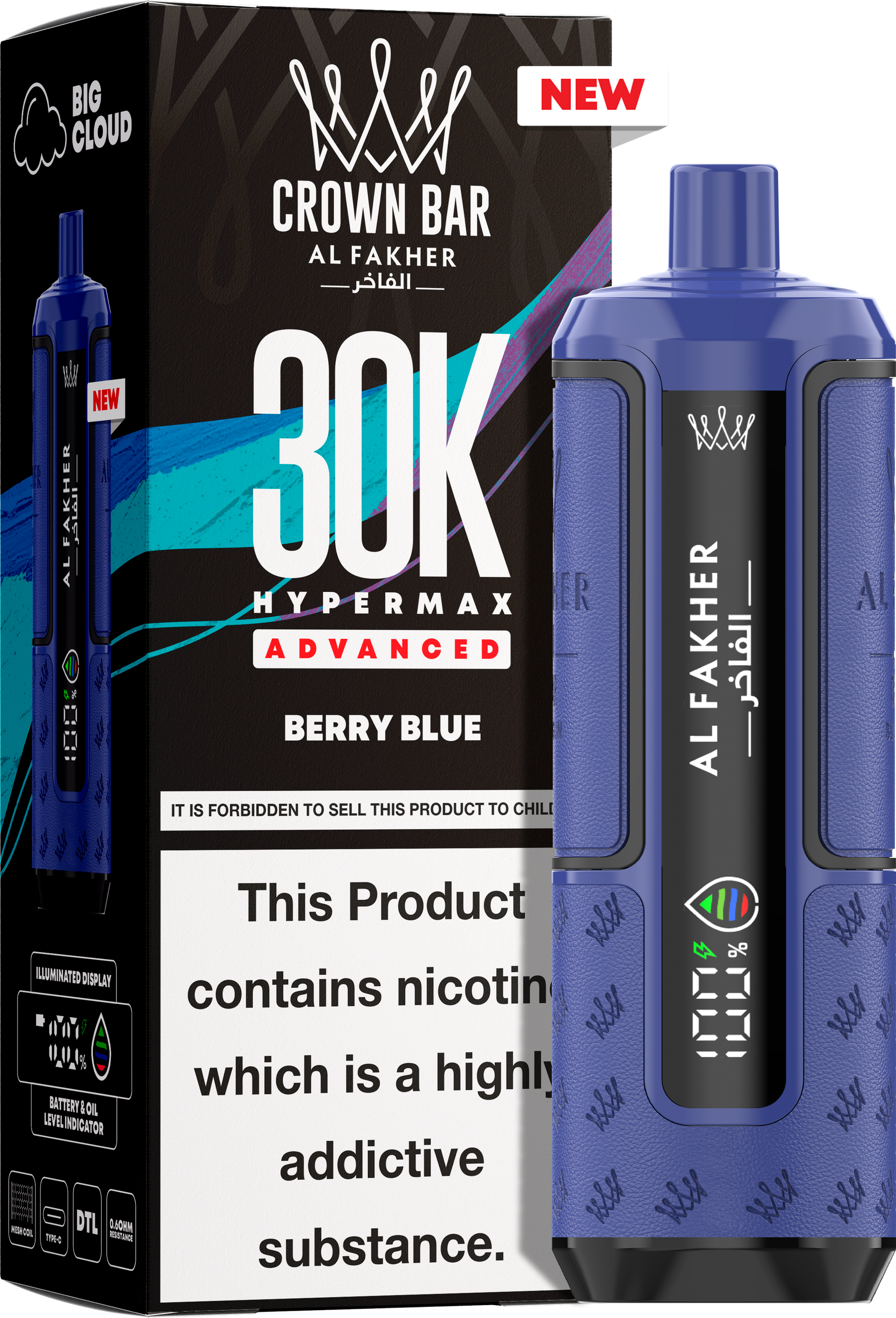 close-up view Al Fakher Crown Bar Vape 30K Hypermax Berry Blue