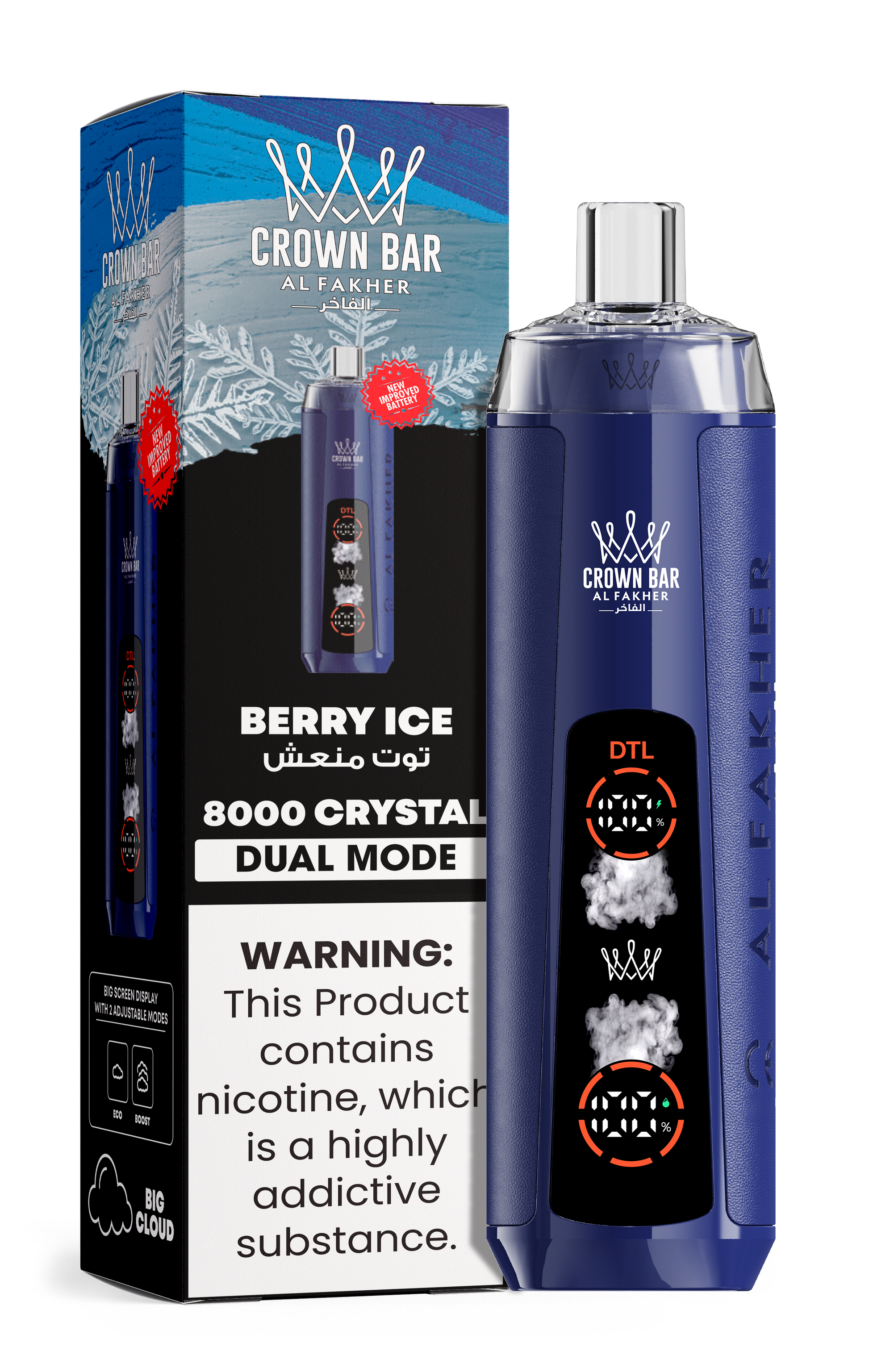 close-up view Al Fakher Crown Bar Vape 30K Hypermax Berry Ice flavor