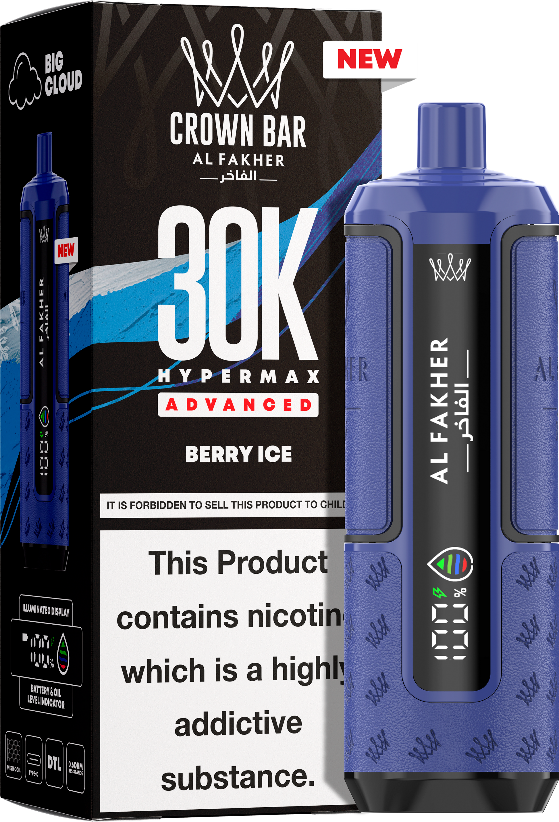 close-up view Al Fakher Crown Bar Vape 30K Hypermax Berry Ice