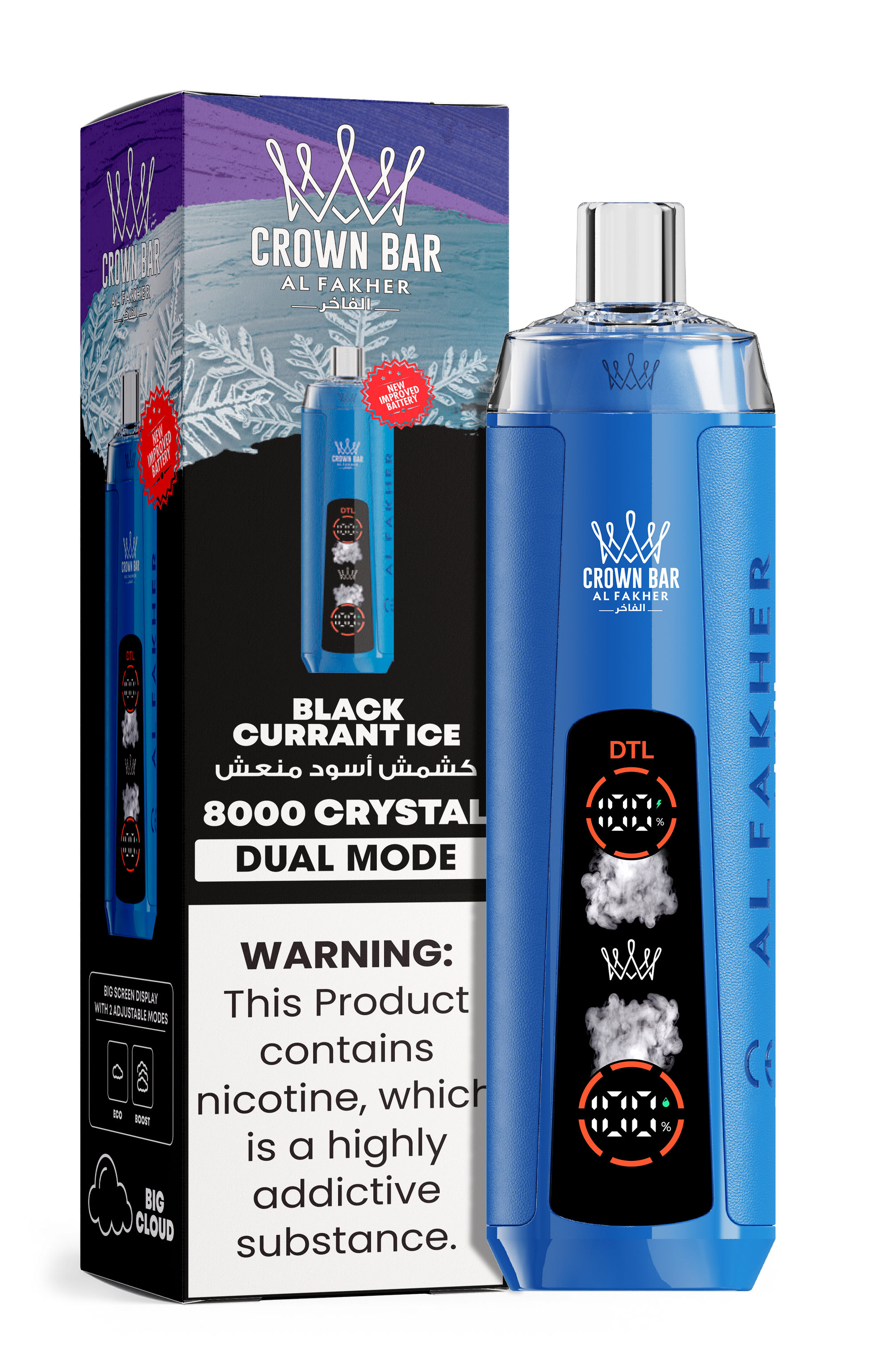 close-up view Al Fakher Crown Bar Vape 30K Hypermax Blackcurrant Ice flavor