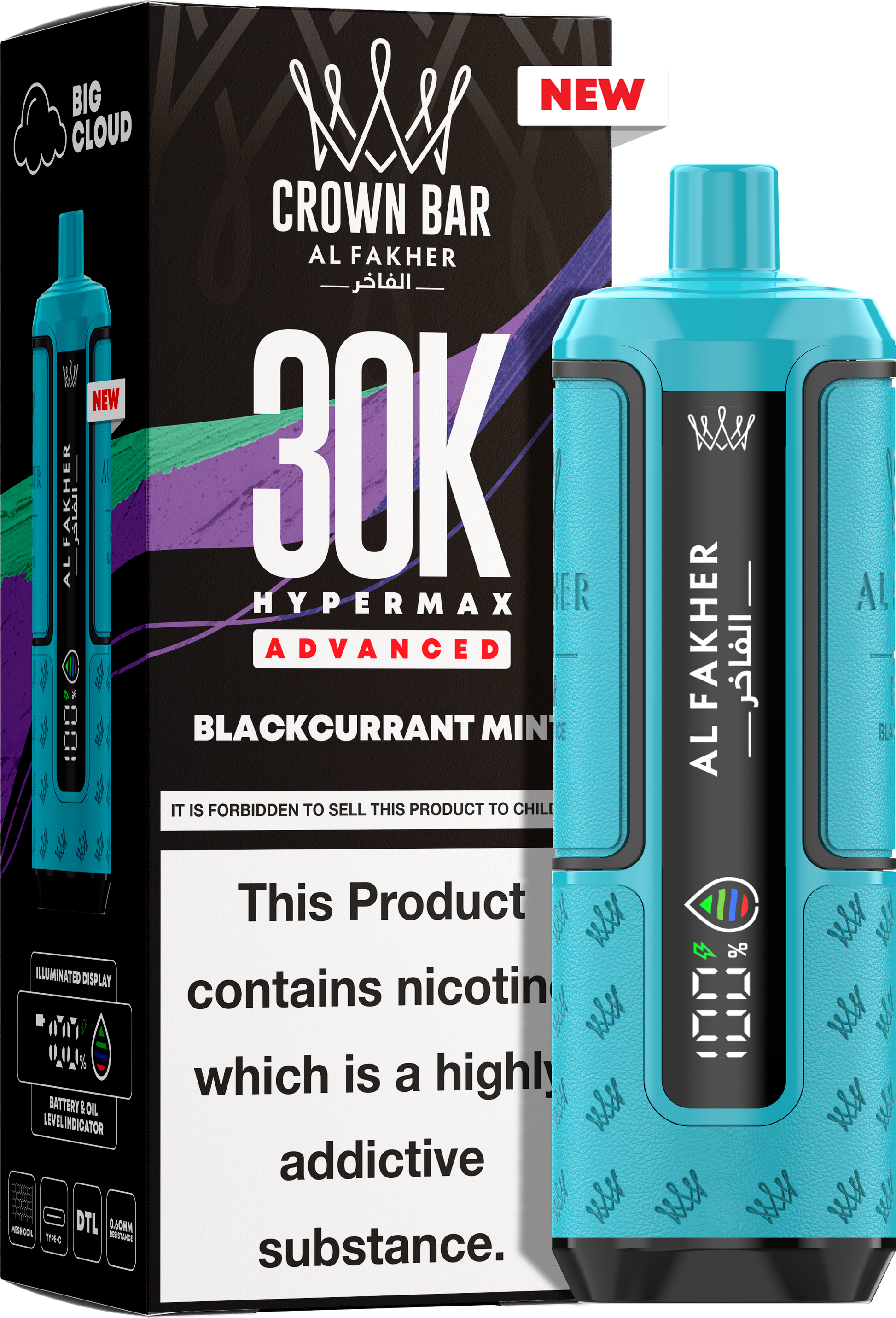 close-up view Al Fakher Crown Bar Vape 30K Hypermax Blackcurrant Mint
