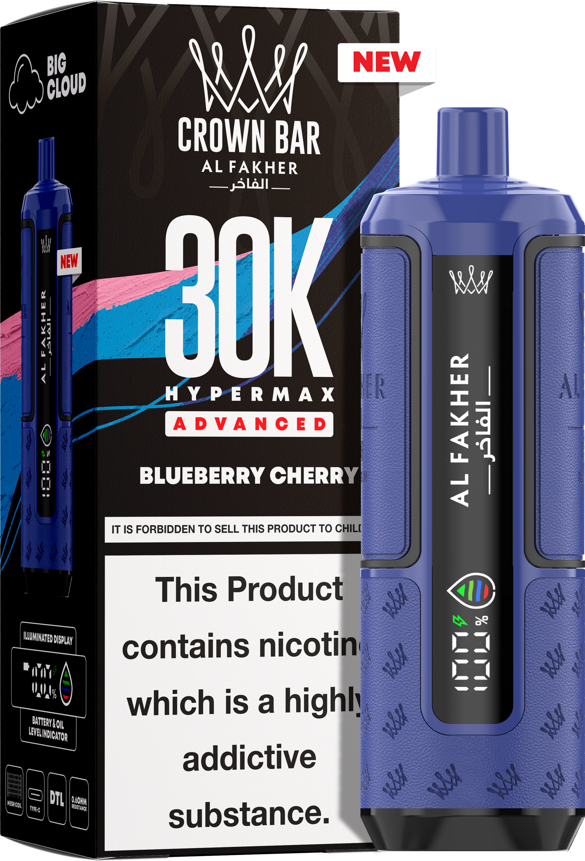 close-up view Al Fakher Crown Bar Vape 30K Hypermax Blueberry Cherry