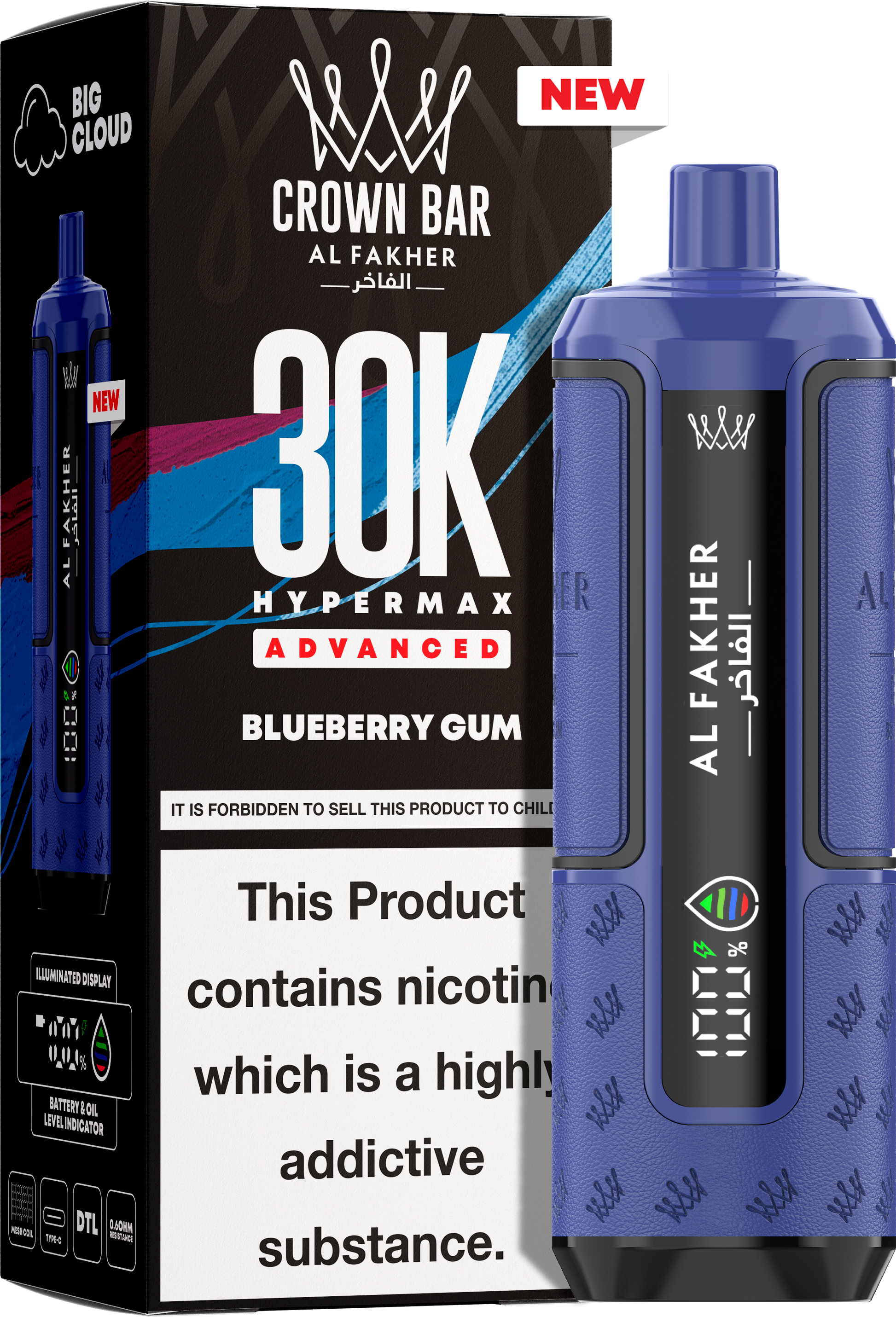 close-up view Al Fakher Crown Bar Vape 30K Hypermax Blueberry Gum