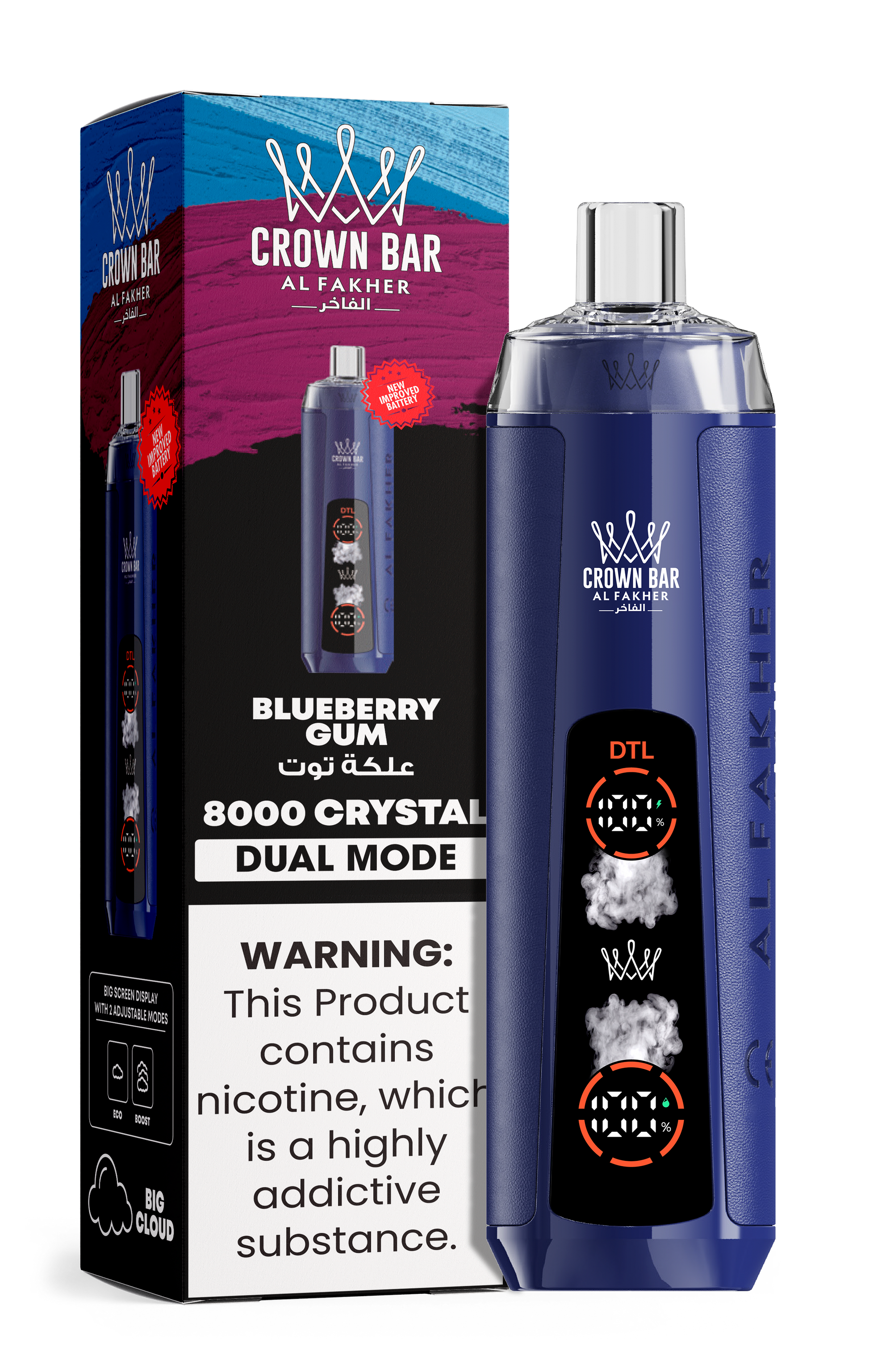 close-up view Al Fakher Crown Bar Vape 30K Hypermax Blueberry Gum flavor