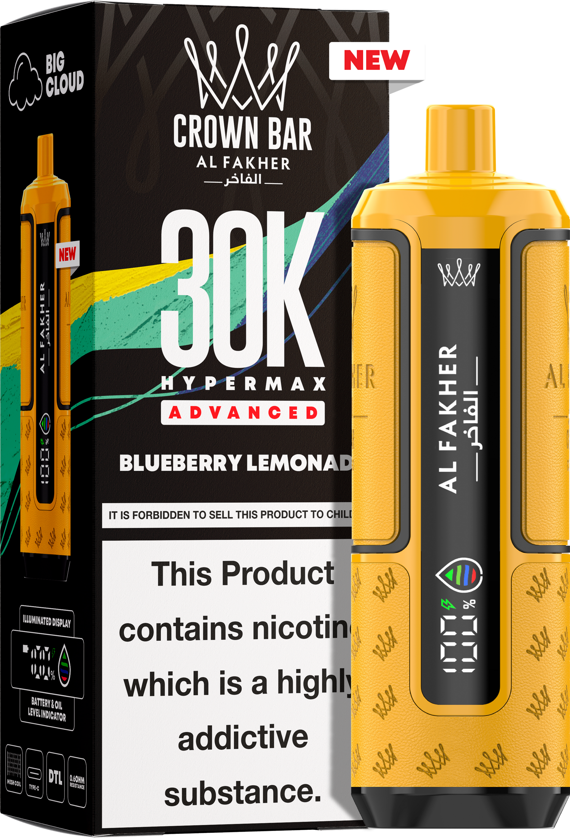 close-up view Al Fakher Crown Bar Vape 30K Hypermax Blueberry Lemonade