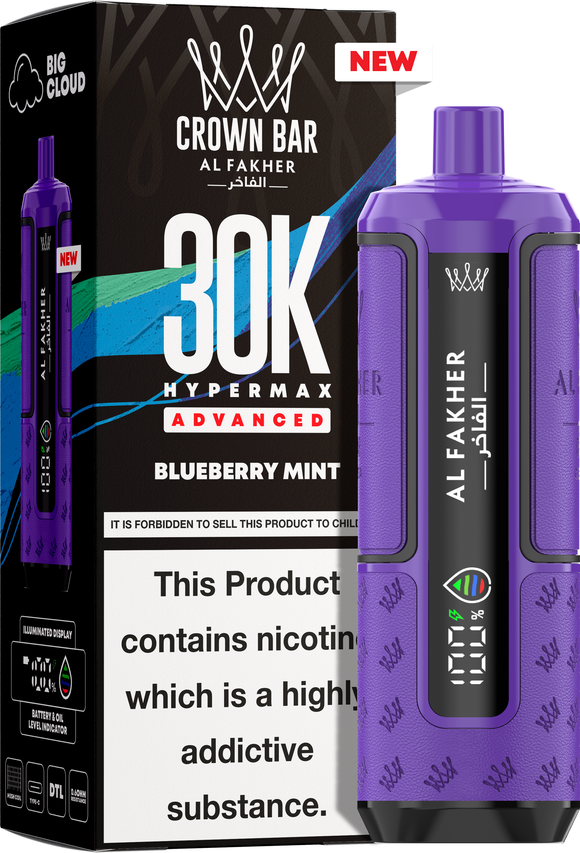 close-up view Al Fakher Crown Bar Vape 30K Hypermax Blueberry Mint
