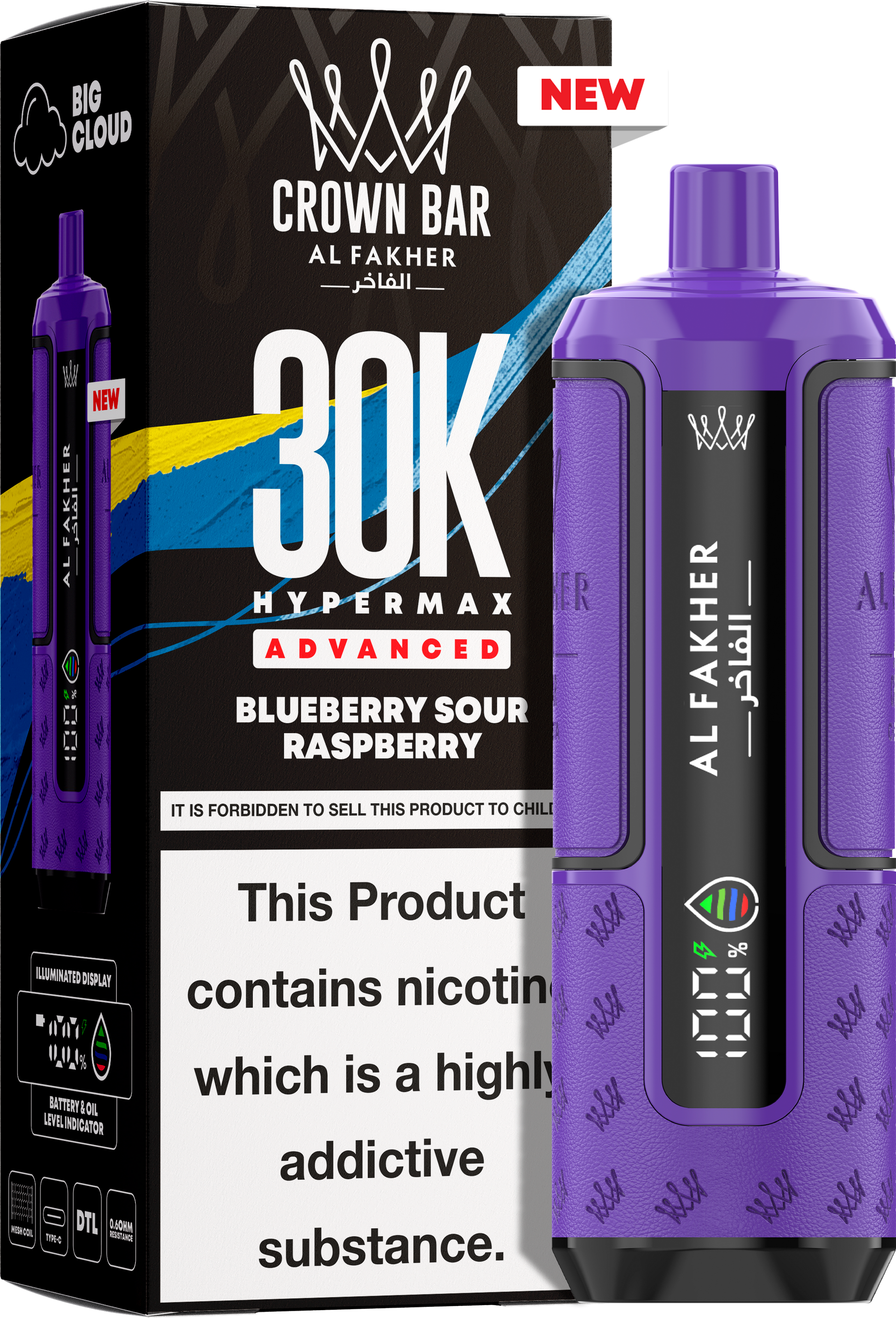 close-up view Al Fakher Crown Bar Vape 30K Hypermax Blueberry Sour Raspberry