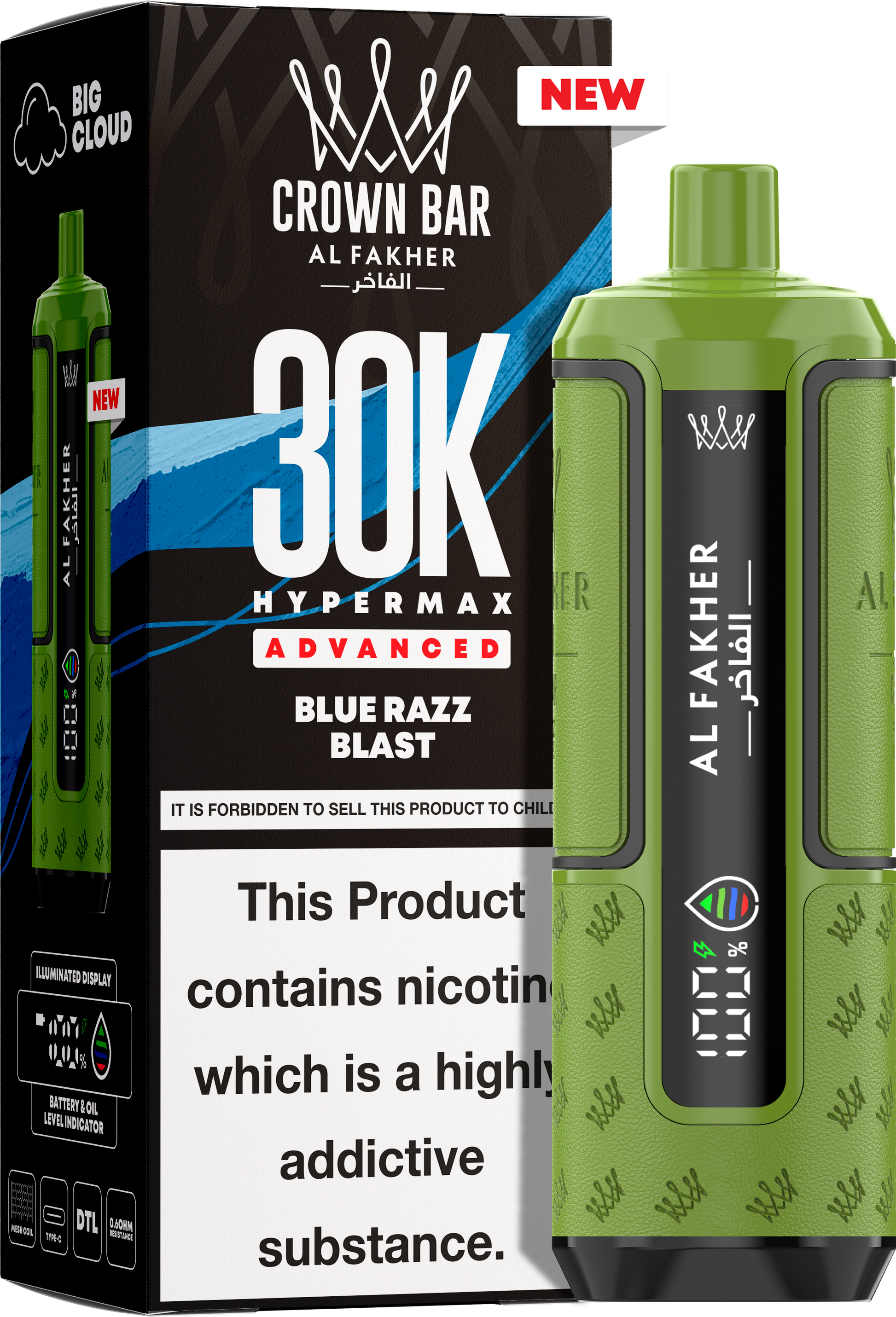 close-up view Al Fakher Crown Bar Vape 30K Hypermax Blue Razz Blast