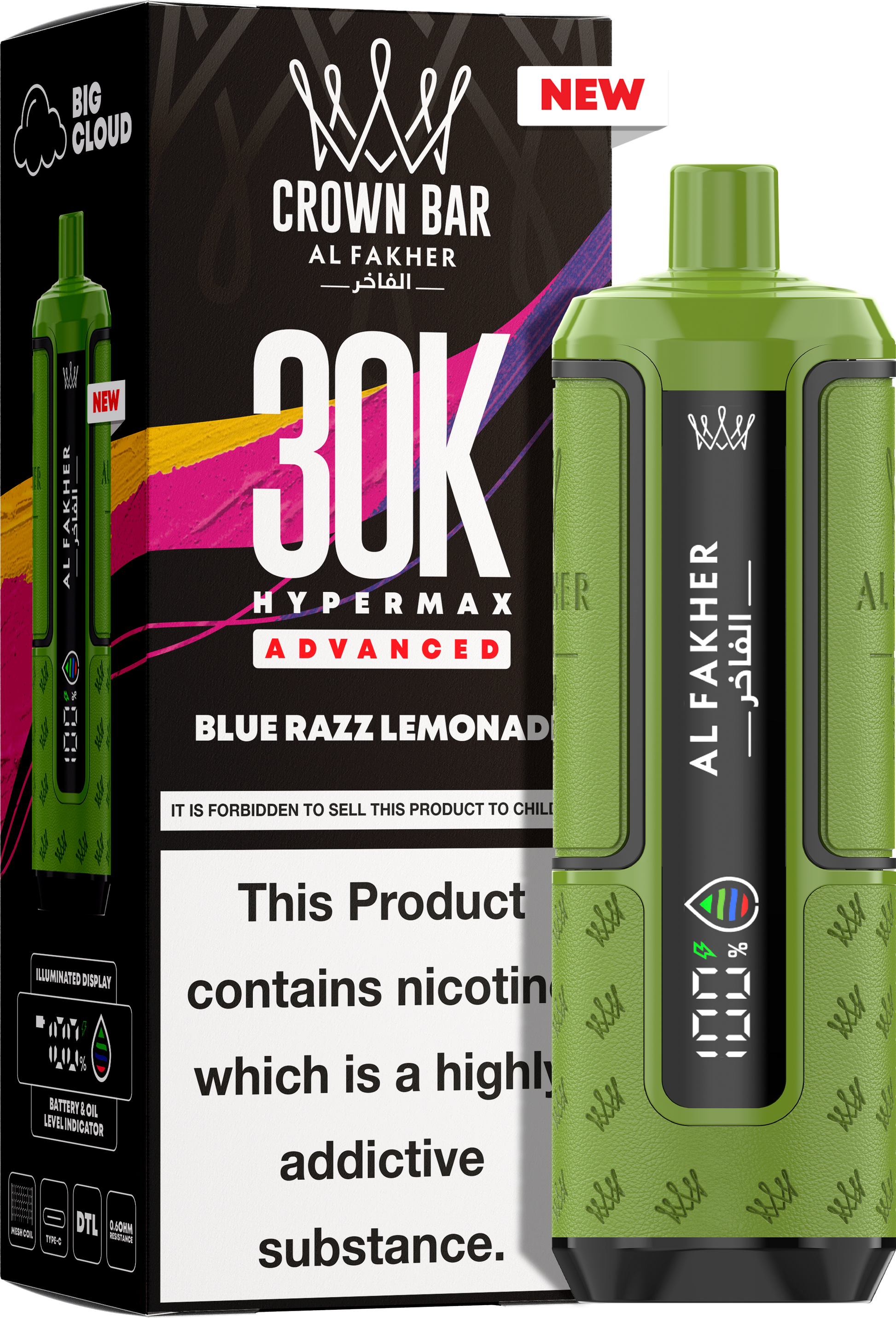 close-up view Al Fakher Crown Bar Vape 30K Hypermax Blue Razz Lemonade