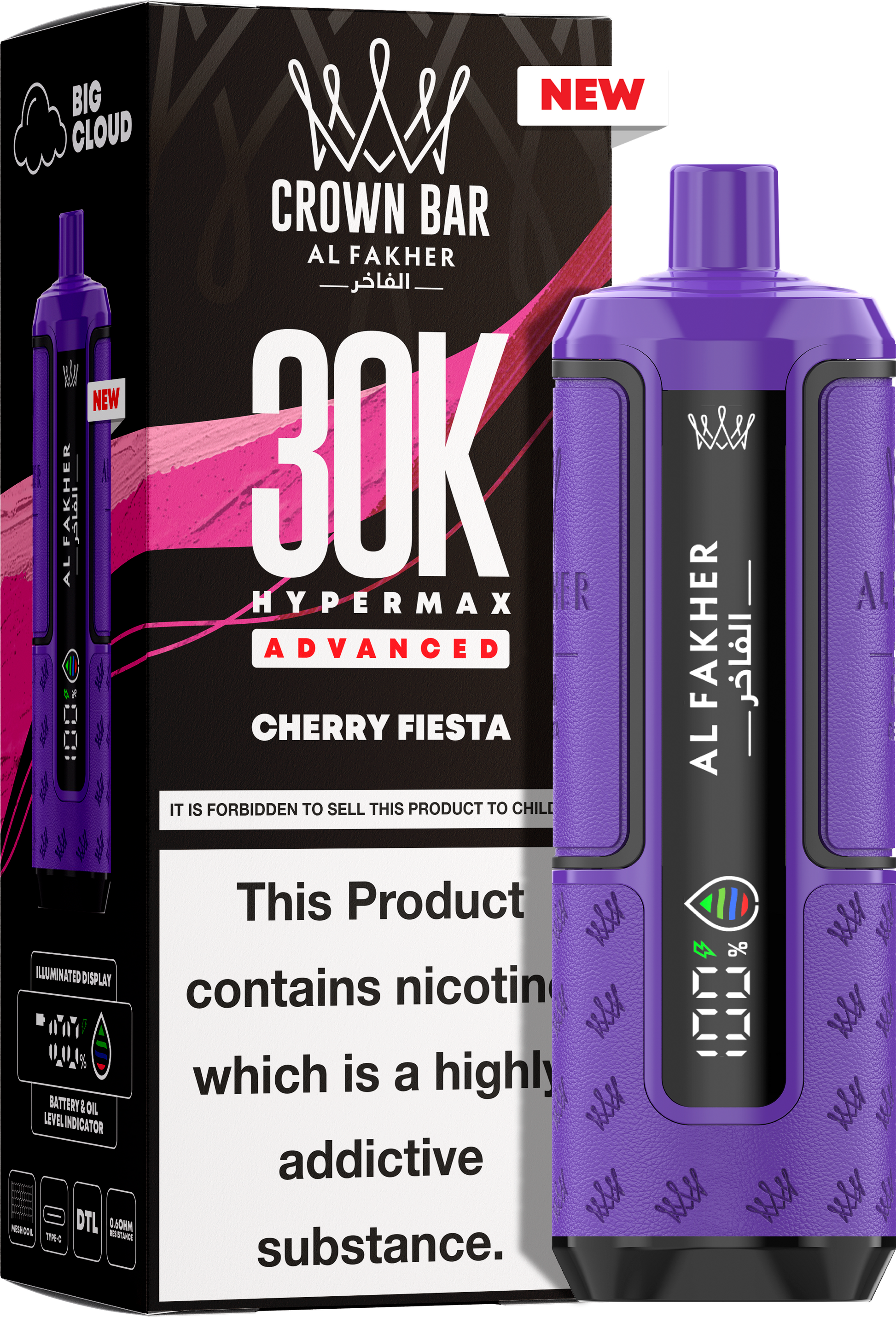close-up view Al Fakher Crown Bar Vape 30K Hypermax Cherry Fiesta