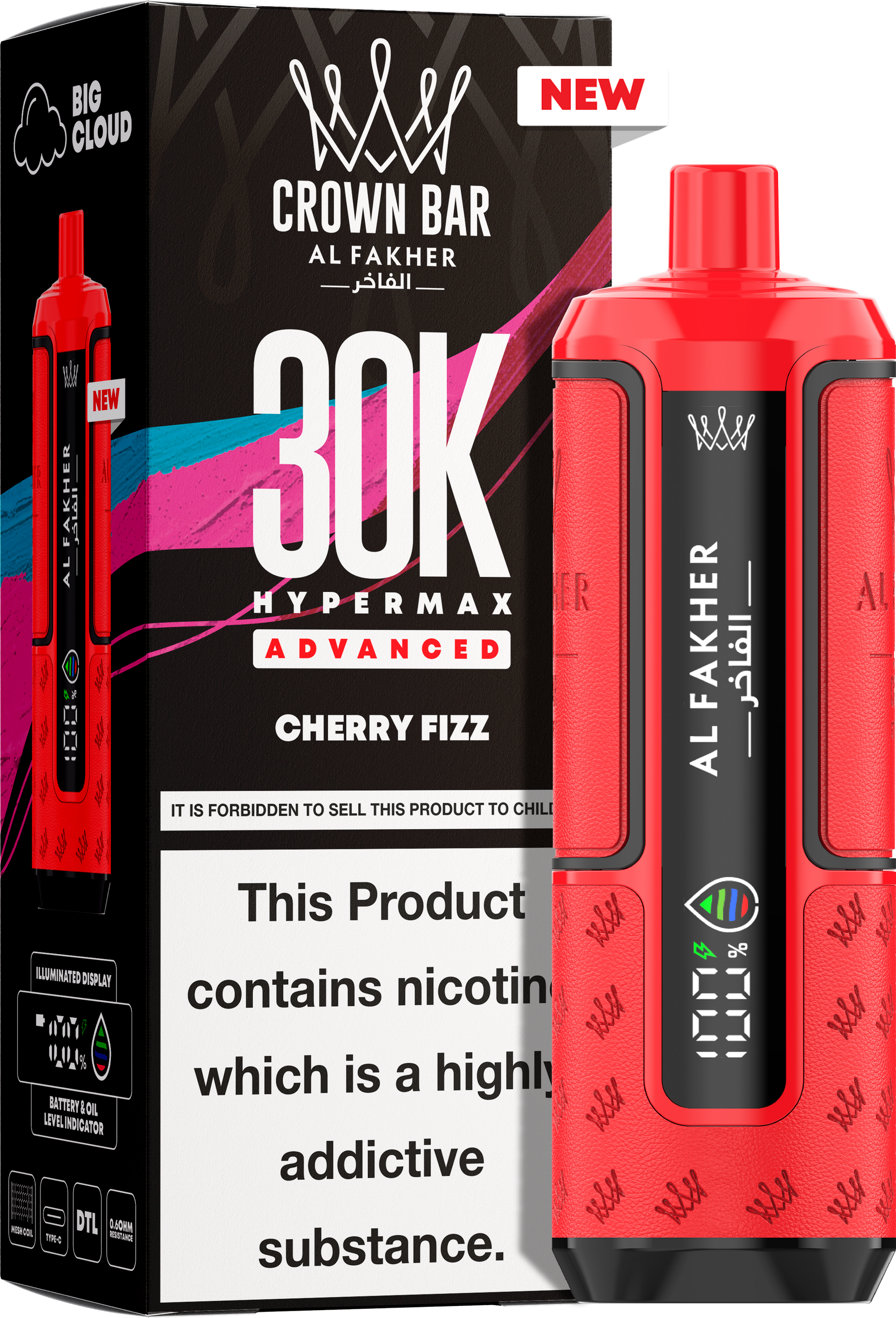 close-up view Al Fakher Crown Bar Vape 30K Hypermax Cherry Fizz