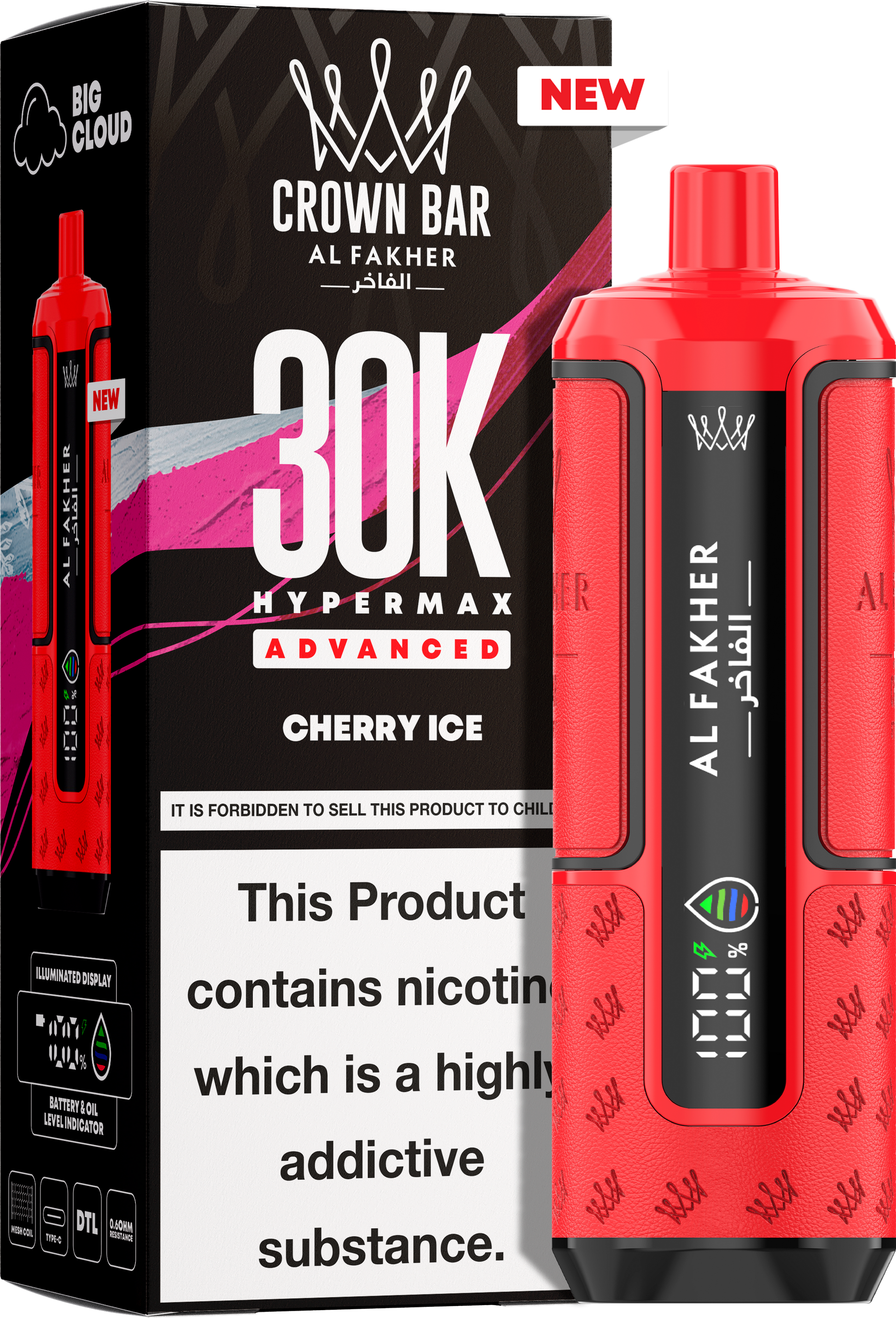 close-up view Al Fakher Crown Bar Vape 30K Hypermax Cherry Ice