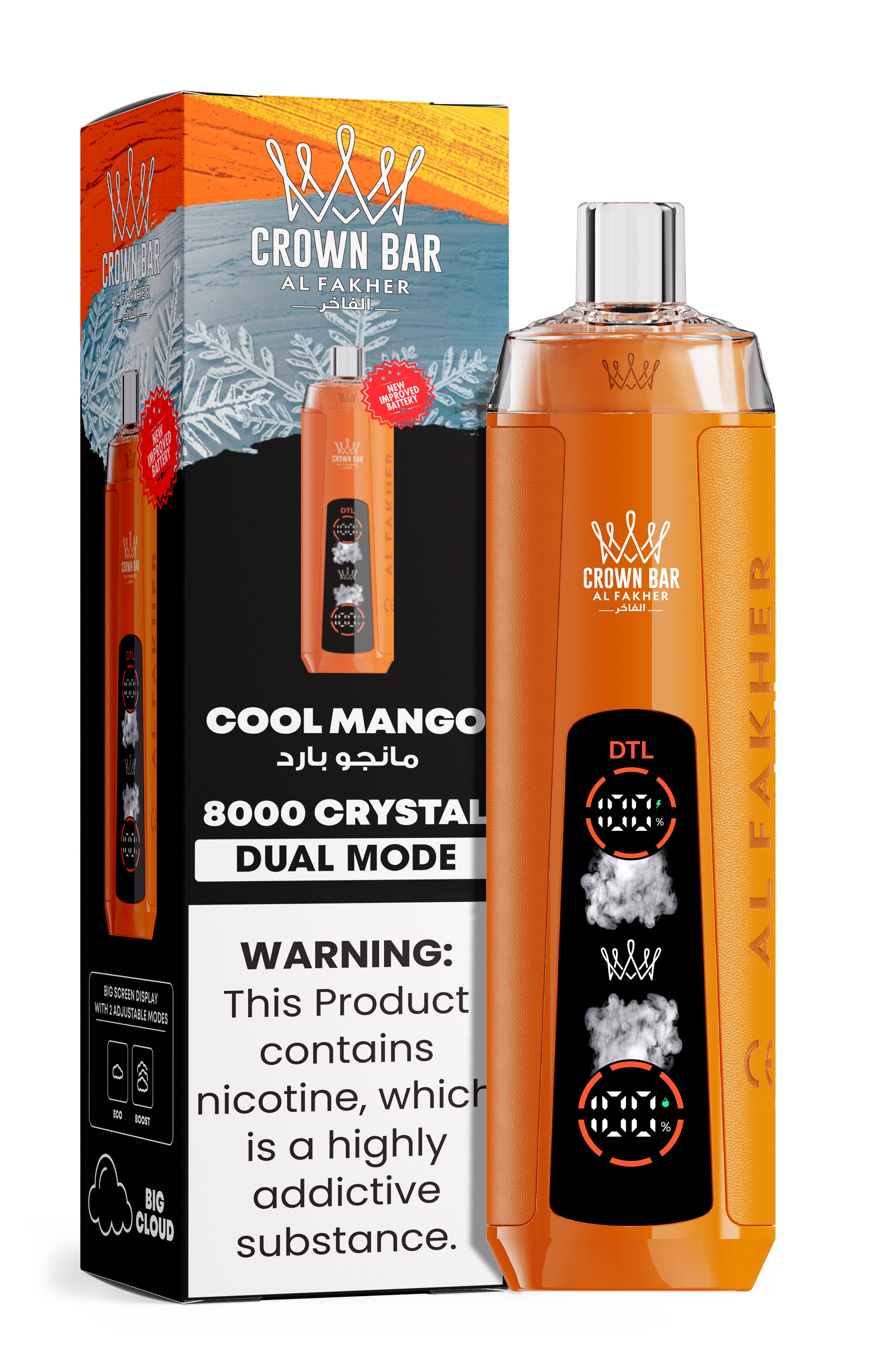 close-up view Al Fakher Crown Bar Vape 30K Hypermax Cool Mango flavor