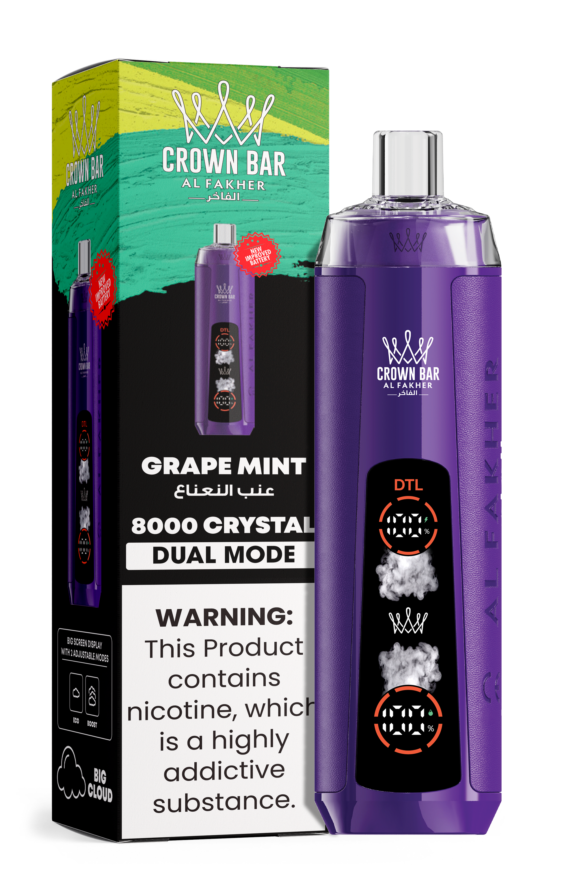 close-up view Al Fakher Crown Bar Vape 30K Hypermax Grape Mint flavor