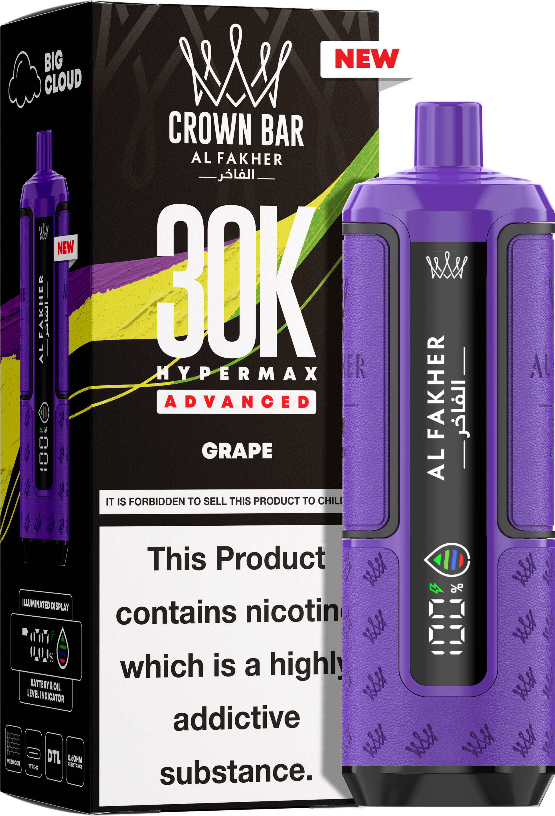 close-up view Al Fakher Crown Bar Vape 30K Hypermax Grape
