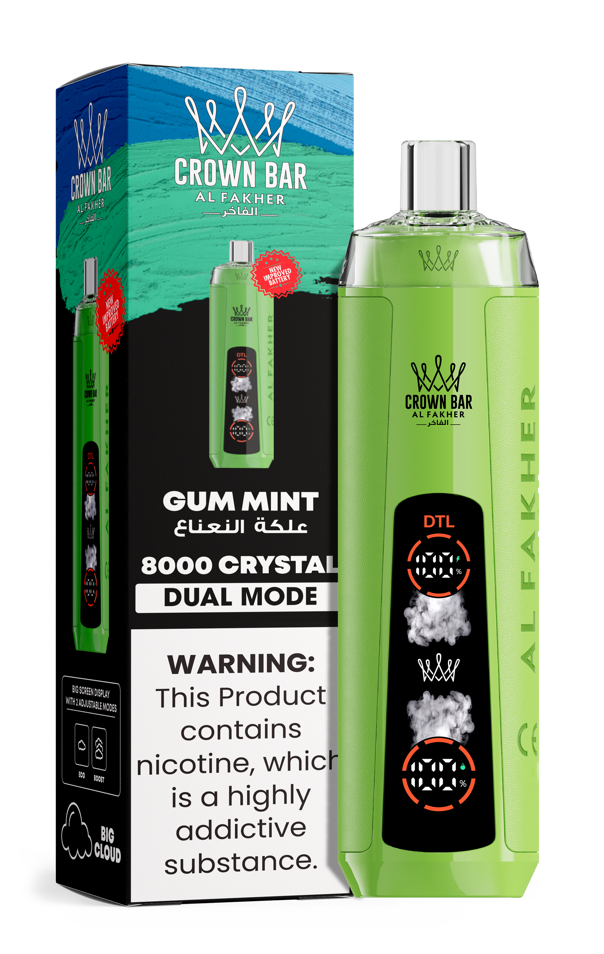 close-up view Al Fakher Crown Bar Vape 30K Hypermax Gum Mint flavor