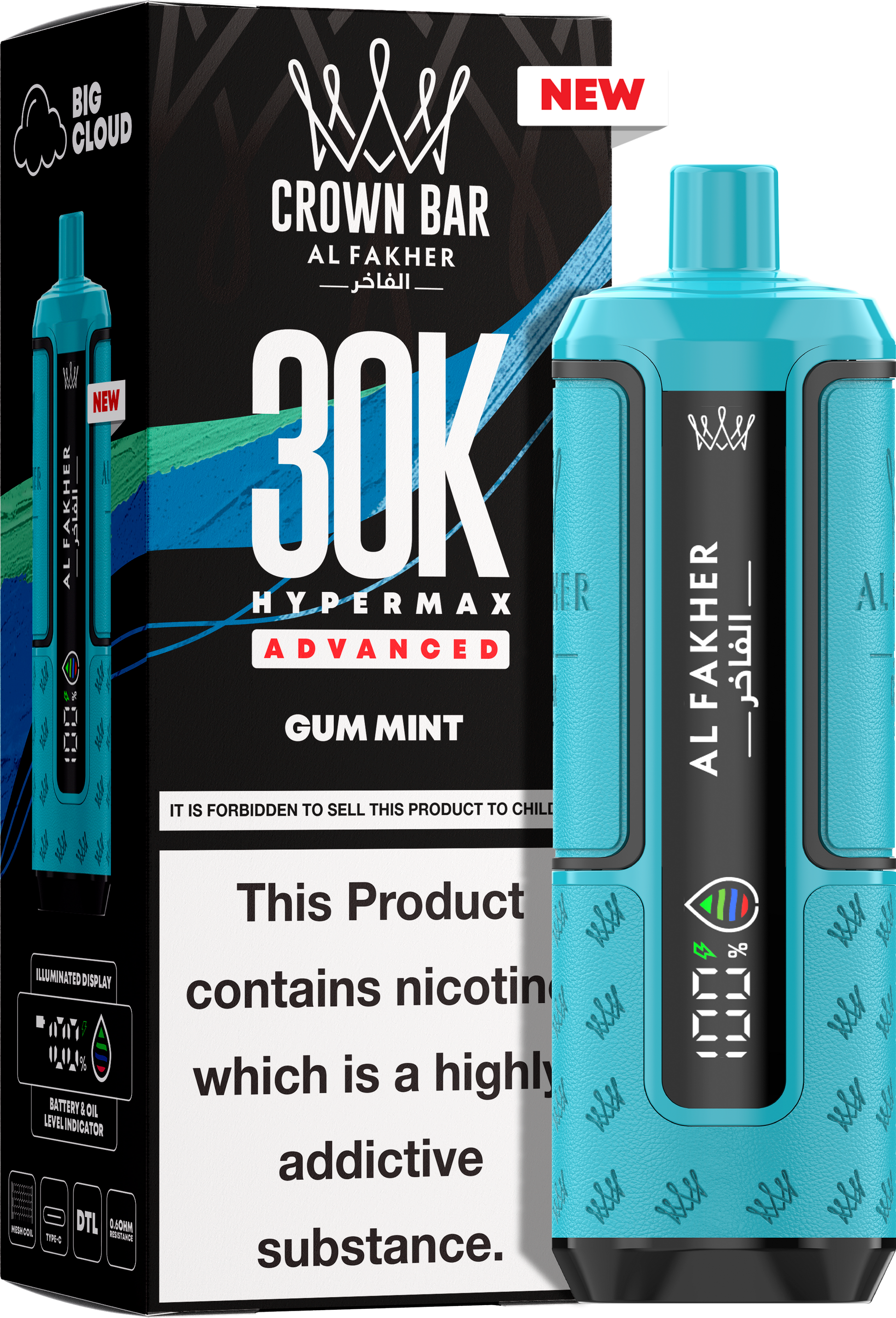close-up view Al Fakher Crown Bar Vape 30K Hypermax Gum Mint