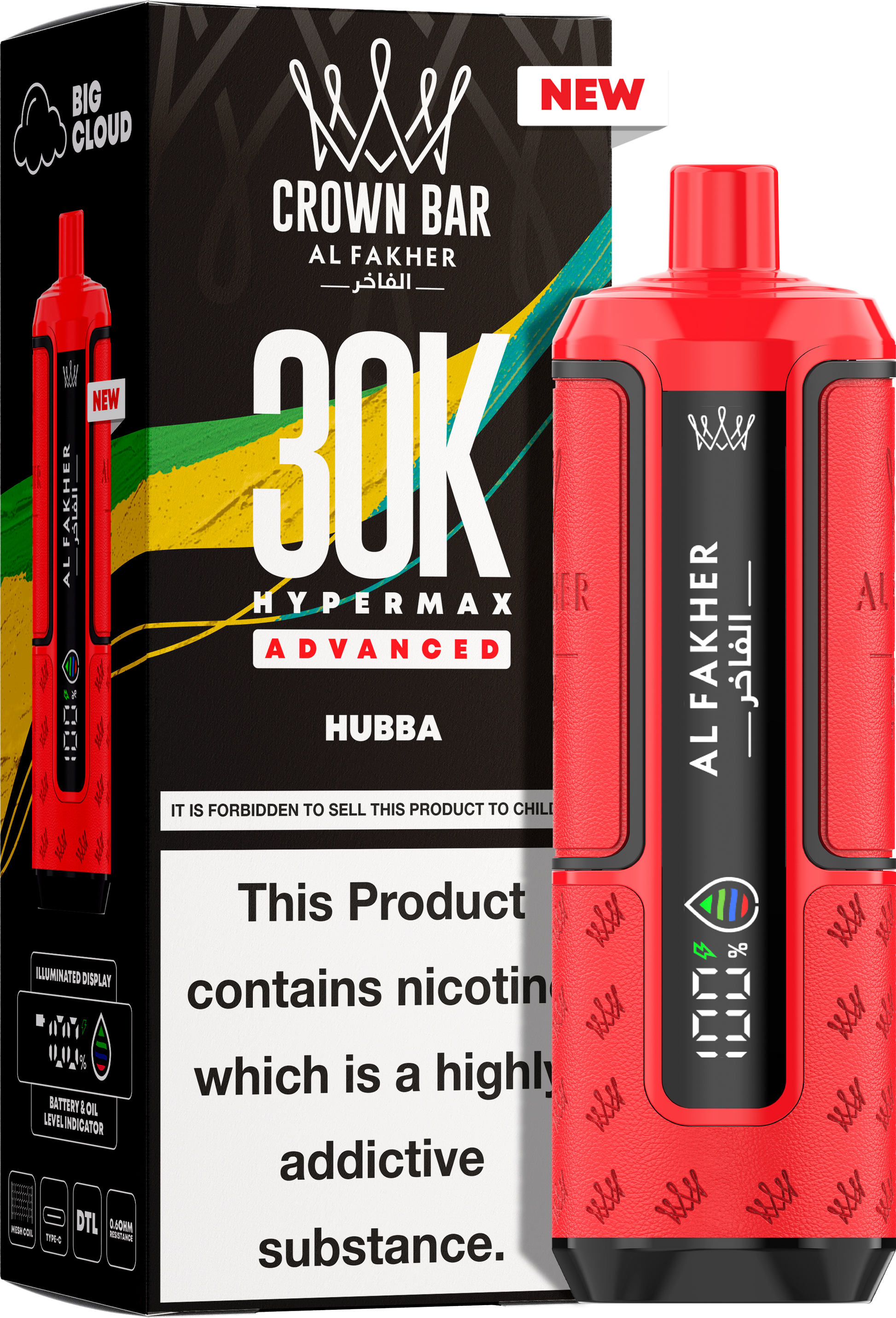 close-up view Al Fakher Crown Bar Vape 30K Hypermax Hubba