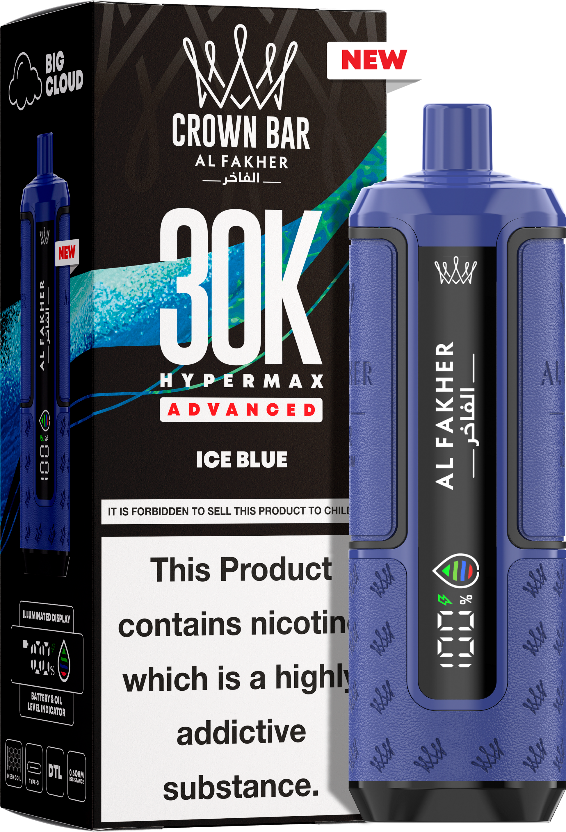 close-up view Al Fakher Crown Bar Vape 30K Hypermax Ice Blue