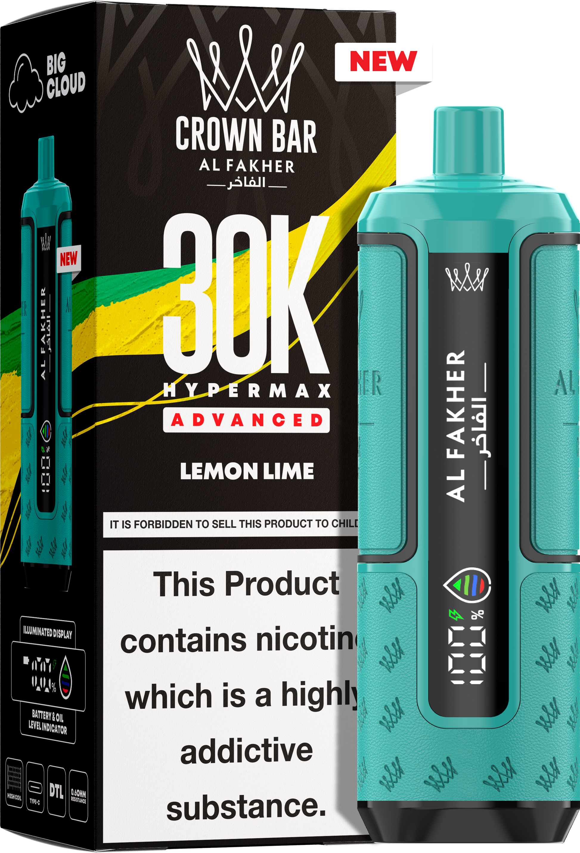 close-up view Al Fakher Crown Bar Vape 30K Hypermax Lemon Lime