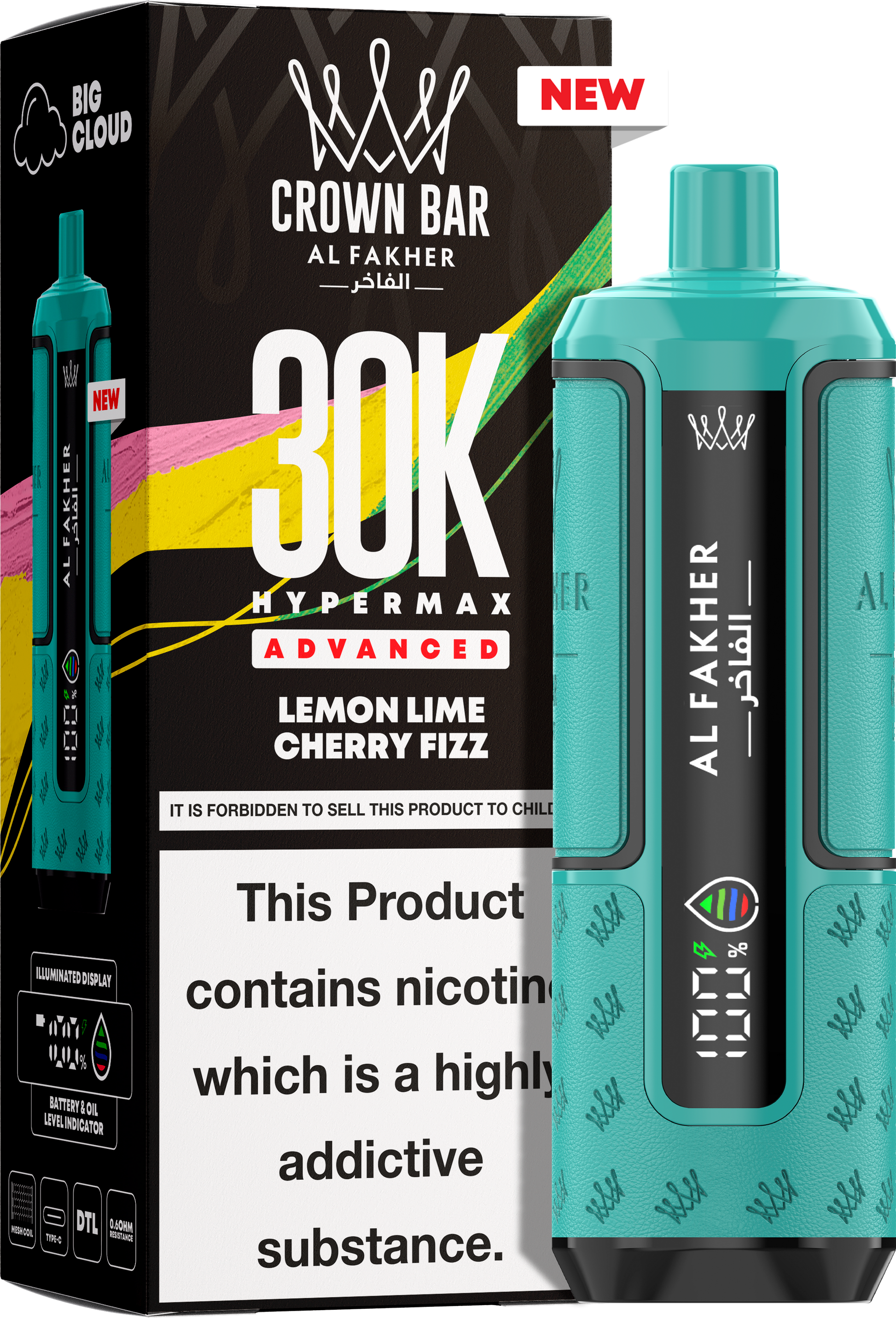 close-up view Al Fakher Crown Bar Vape 30K Hypermax Lemon Lime Cherry Fizz