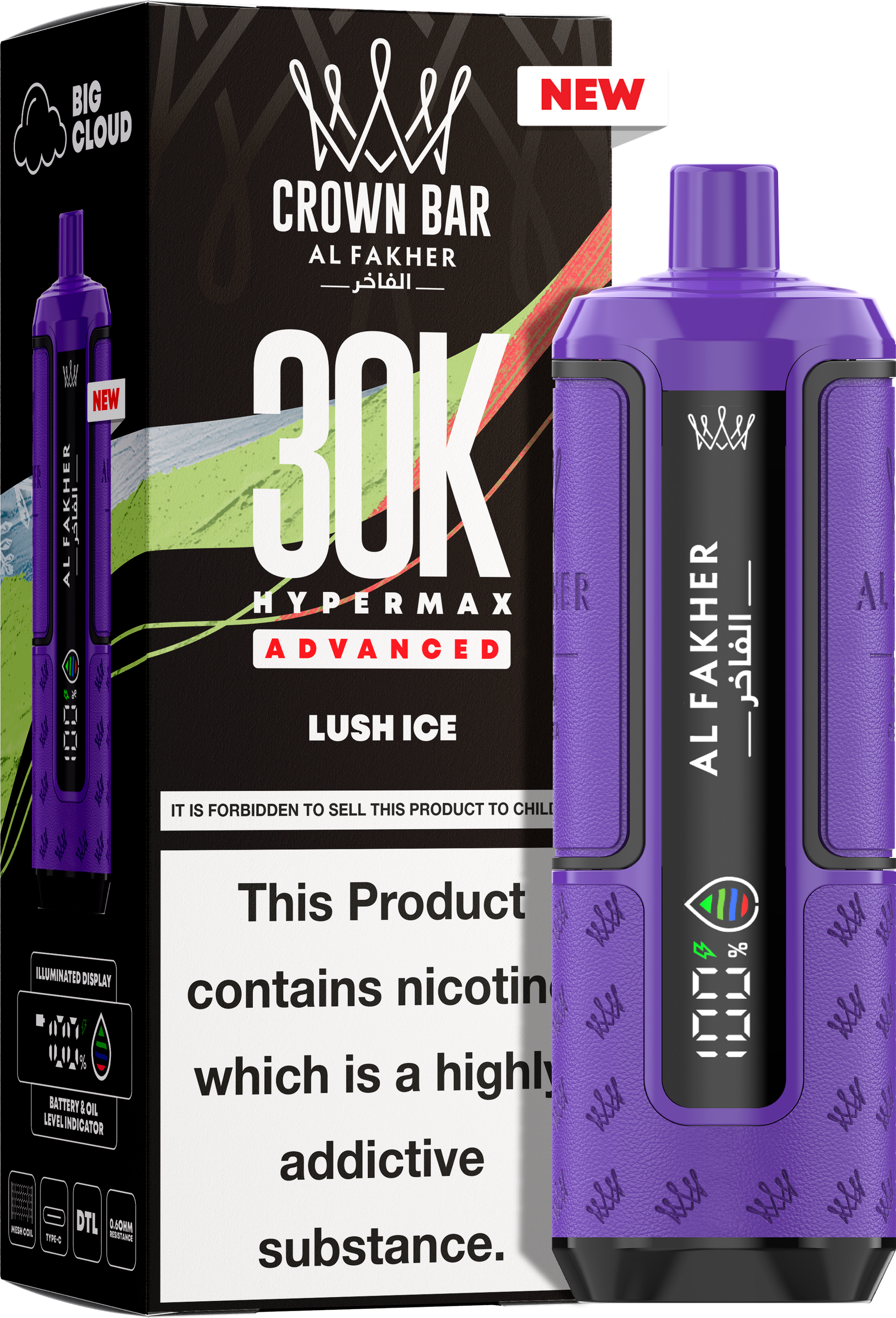 close-up view Al Fakher Crown Bar Vape 30K Hypermax Lush Ice