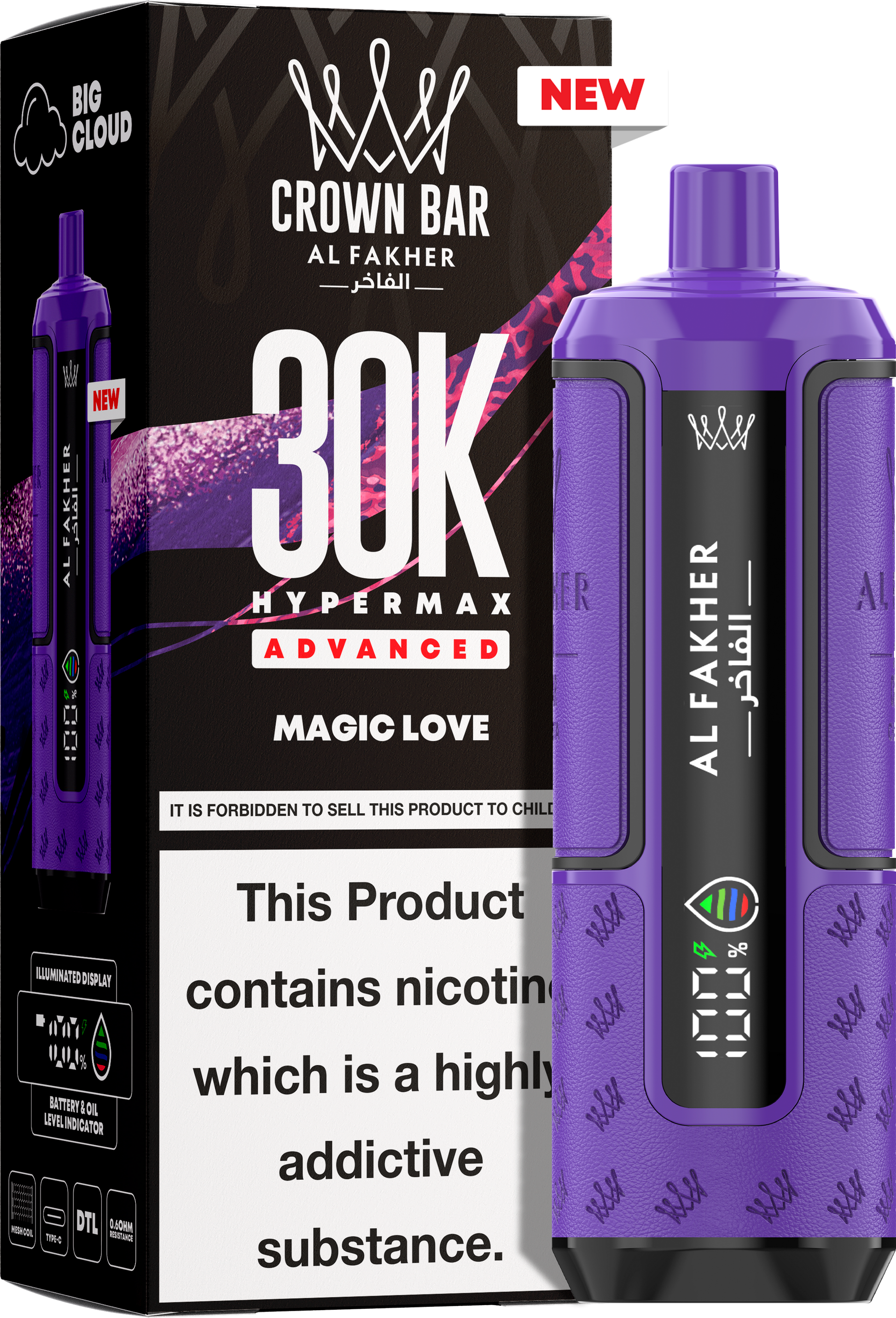 close-up view Al Fakher Crown Bar Vape 30K Hypermax Magic Love