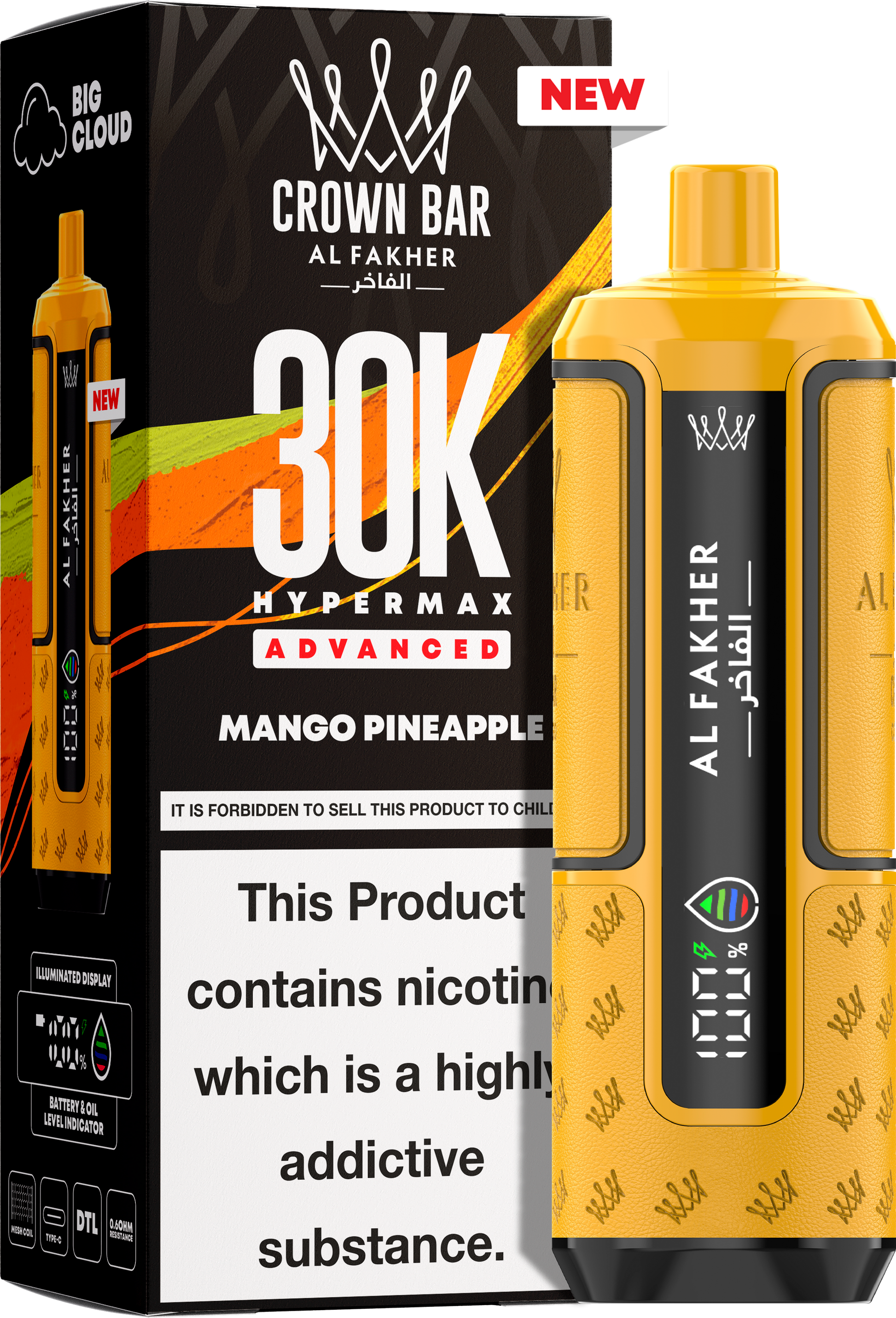 close-up view Al Fakher Crown Bar Vape 30K Hypermax Mango Pineapple