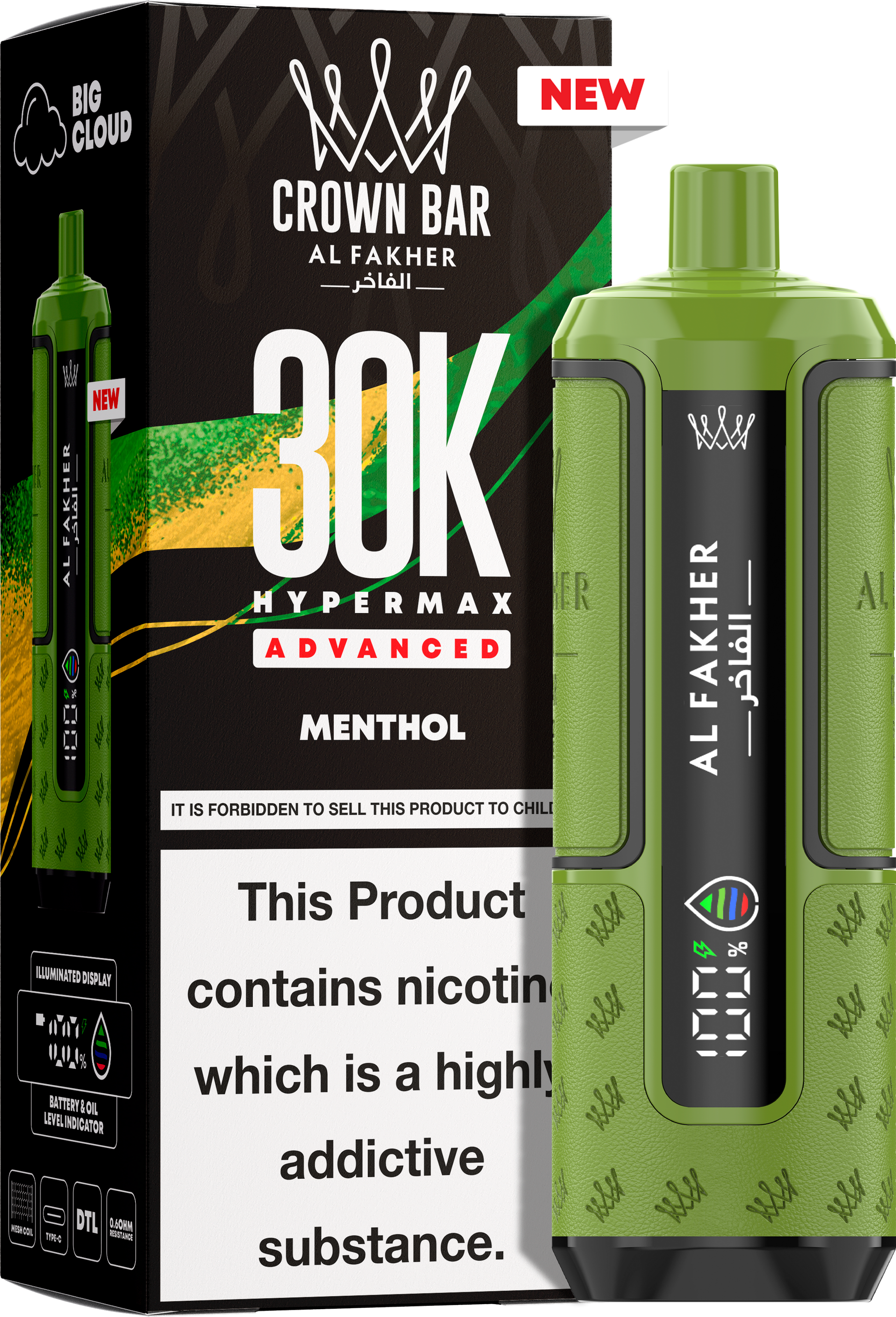close-up view Al Fakher Crown Bar Vape 30K Hypermax Menthol