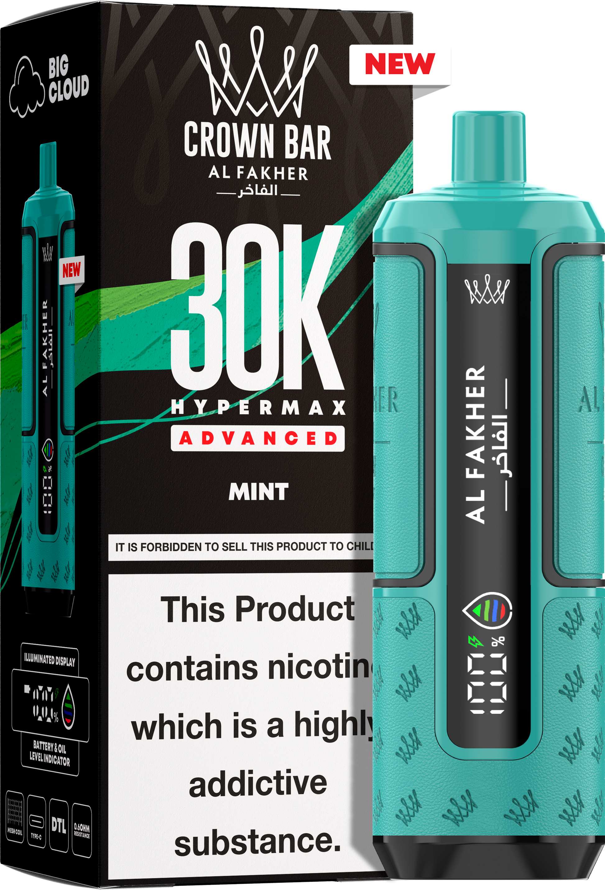 close-up view Al Fakher Crown Bar Vape 30K Hypermax Mint