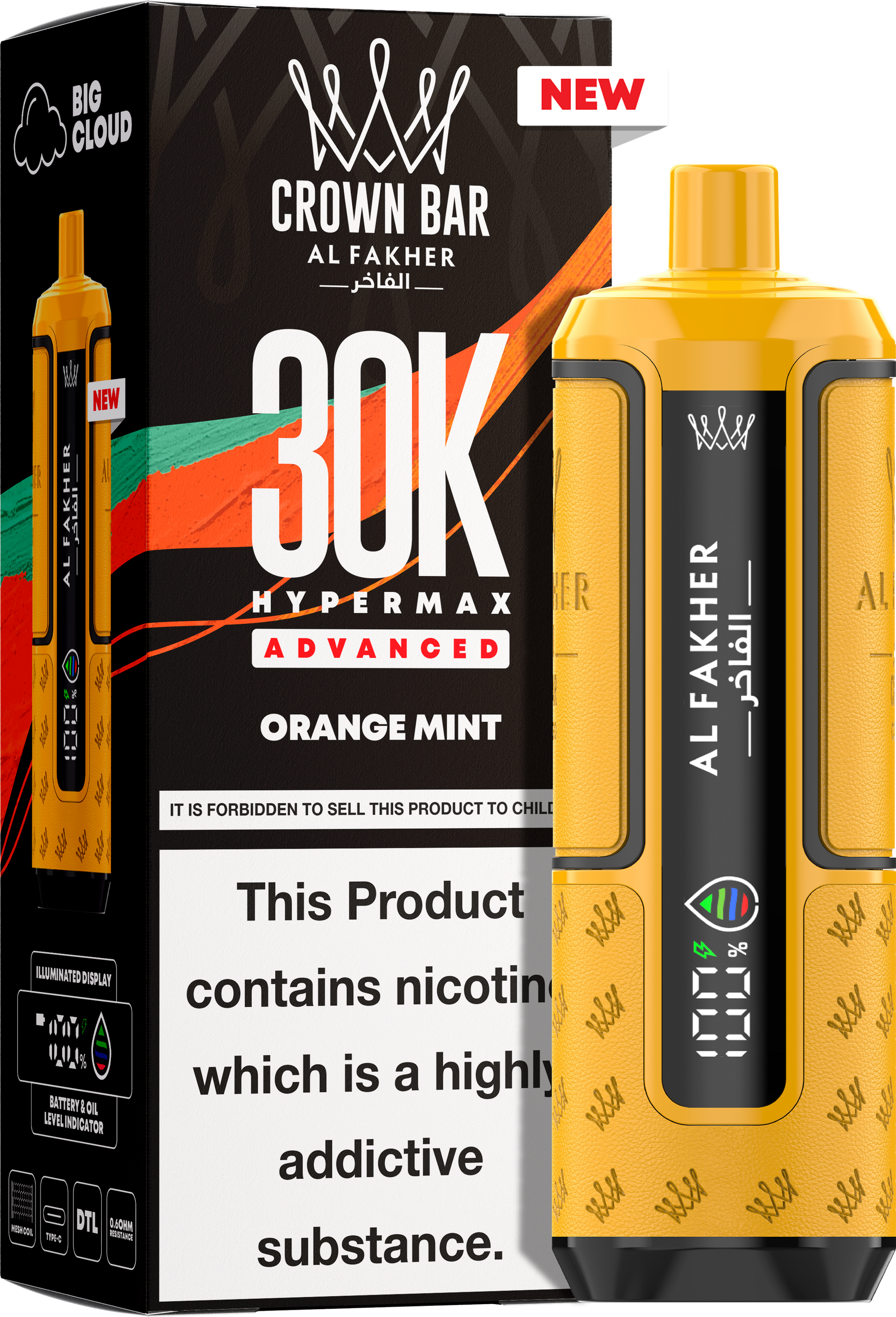 close-up view Al Fakher Crown Bar Vape 30K Hypermax Orange Mint