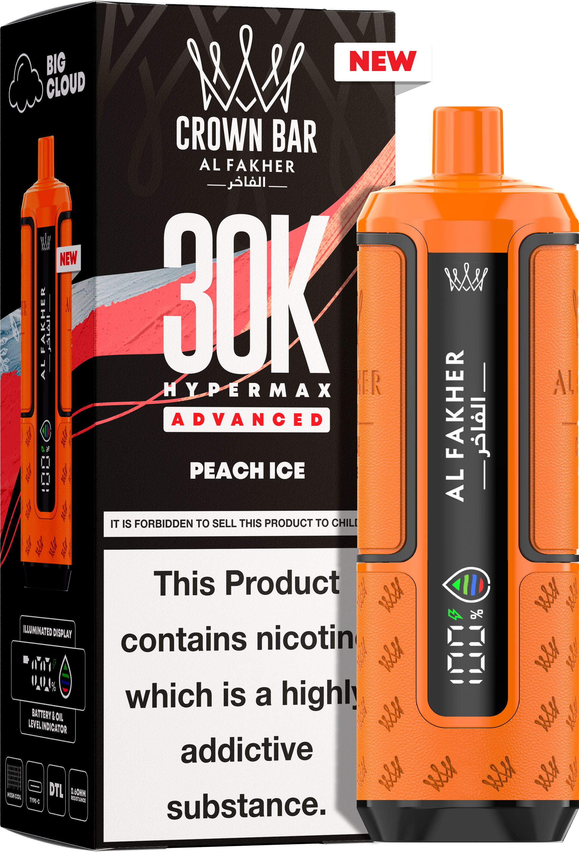 close-up view Al Fakher Crown Bar Vape 30K Hypermax Peach Ice