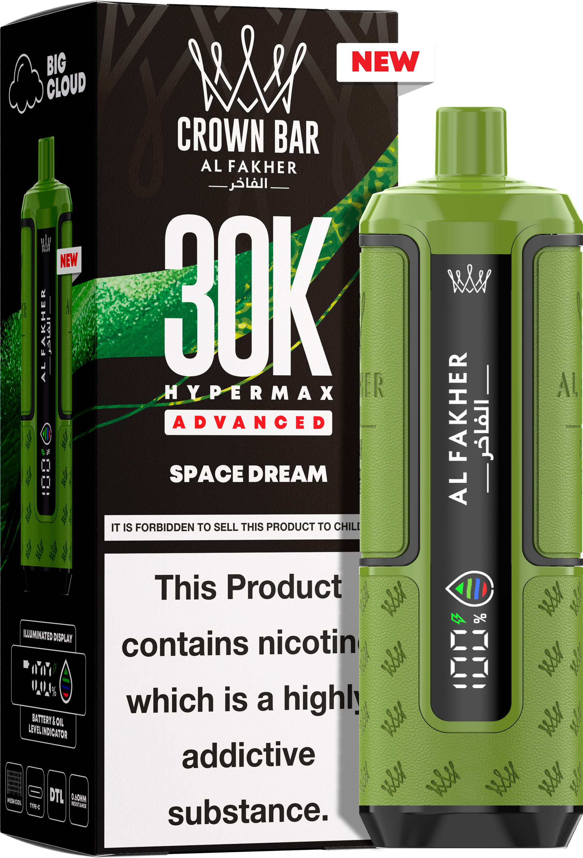 close-up view Al Fakher Crown Bar Vape 30K Hypermax Space Dream
