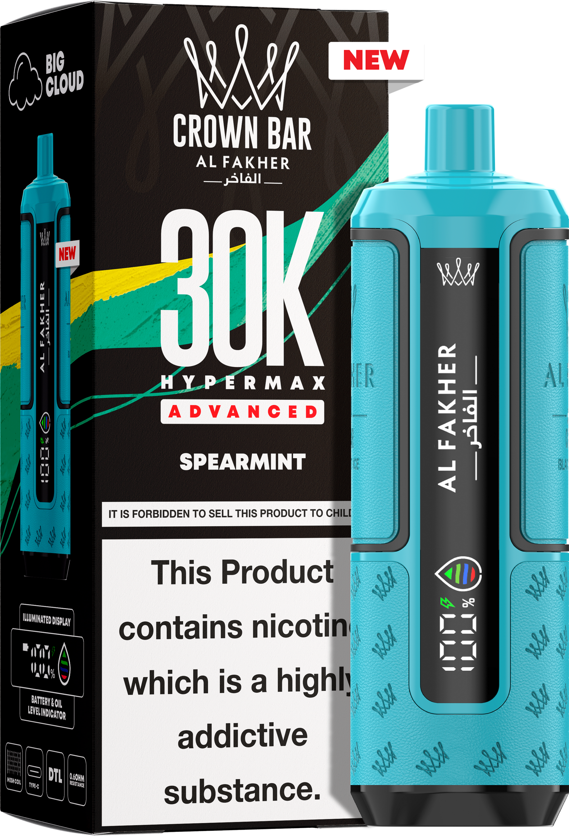 close-up view Al Fakher Crown Bar Vape 30K Hypermax Spearmint