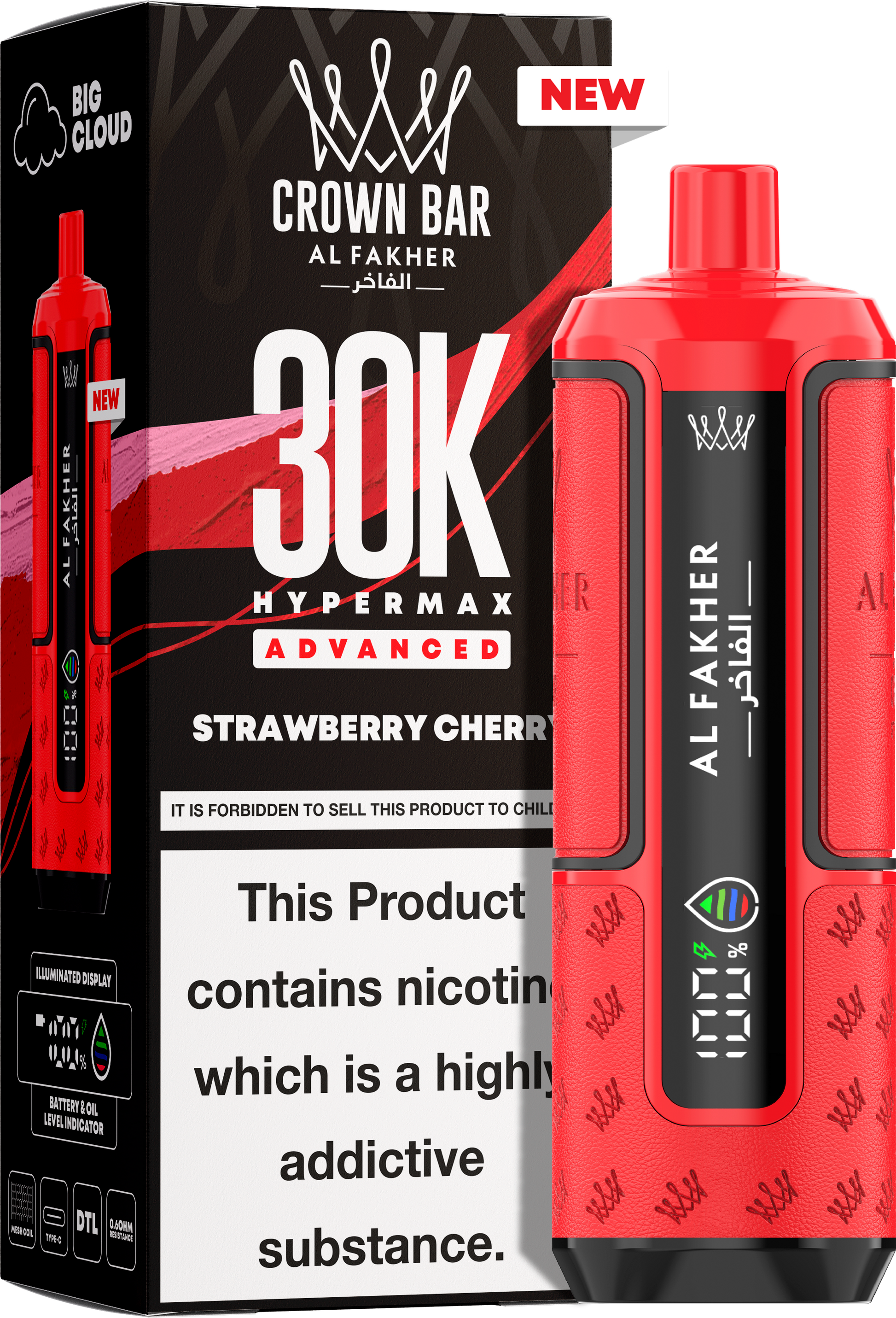 close-up view Al Fakher Crown Bar Vape 30K Hypermax Strawberry Cherry