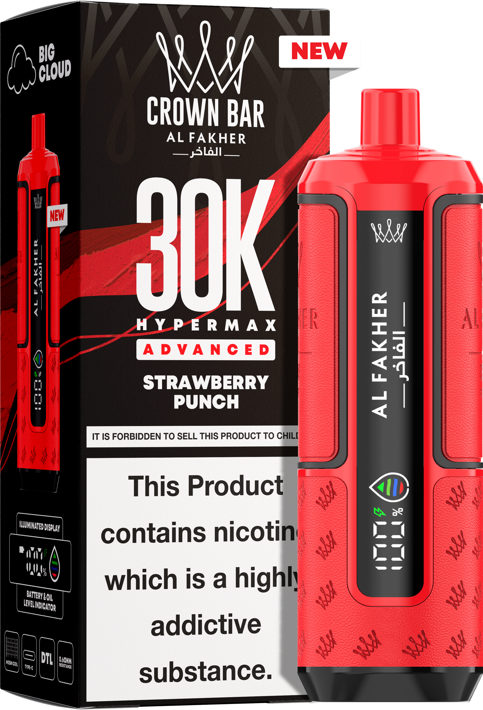 close-up view Al Fakher Crown Bar Vape 30K Hypermax Strawberry Punch