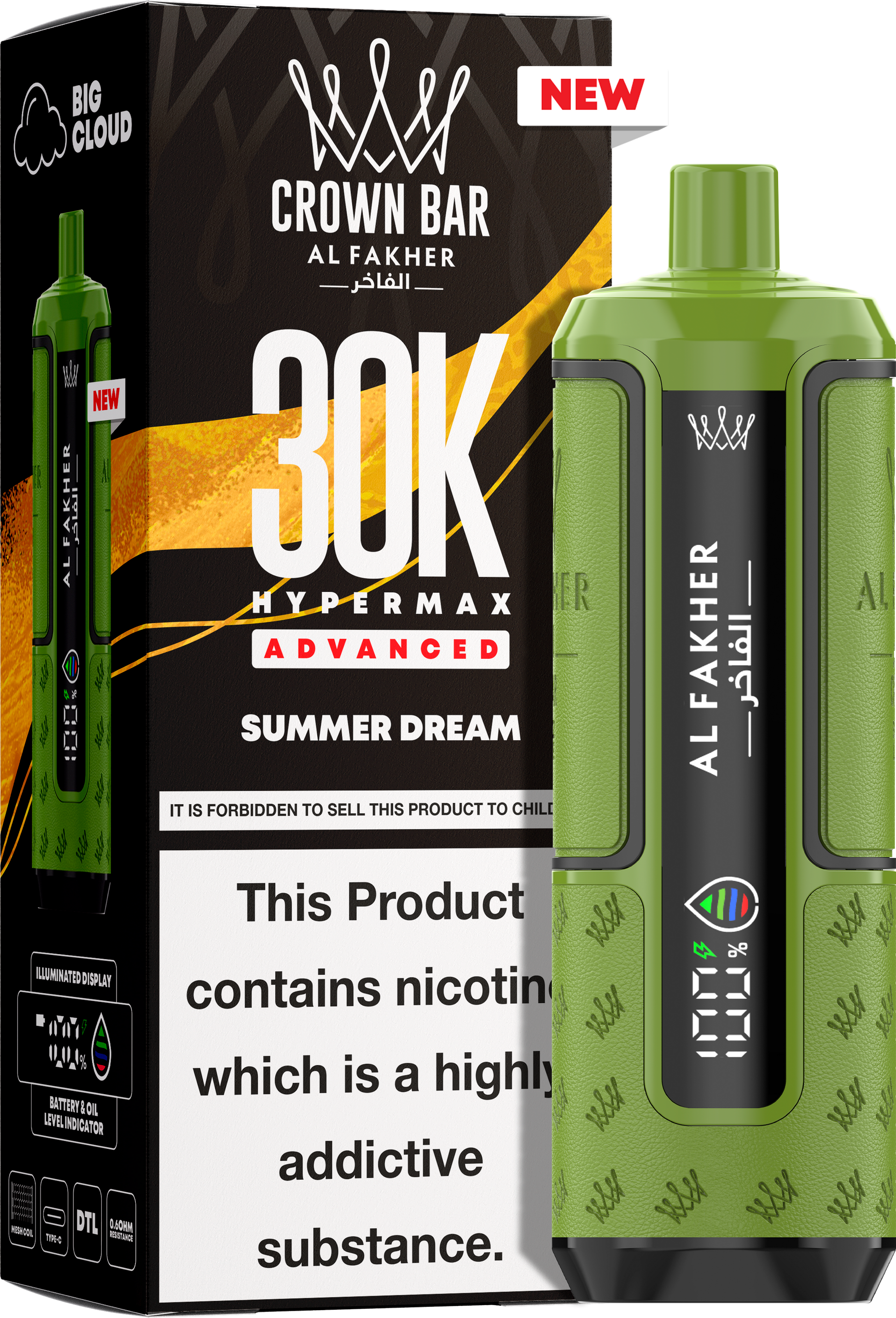 close-up view Al Fakher Crown Bar Vape 30K Hypermax Summer Dream