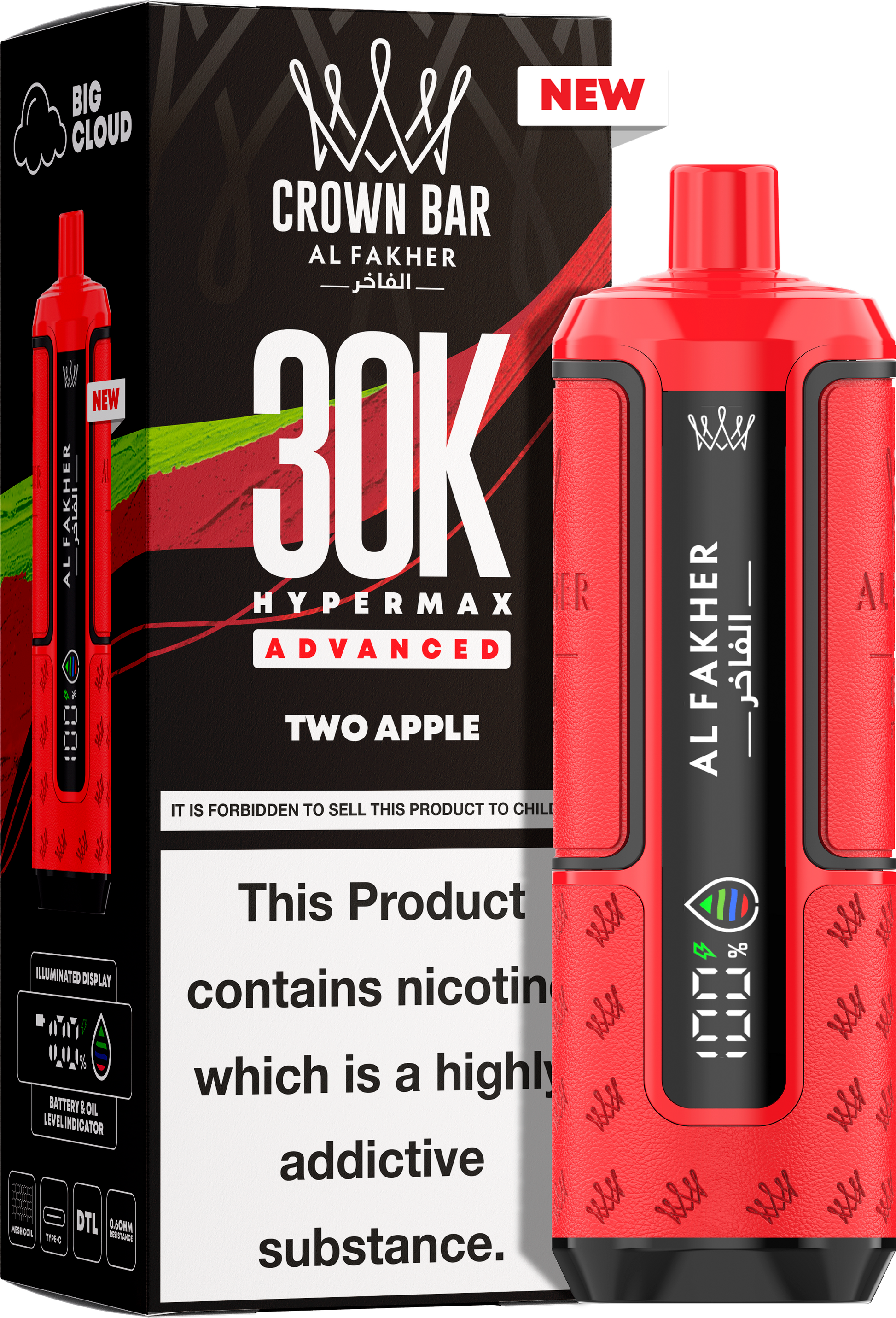 close-up view Al Fakher Crown Bar Vape 30K Hypermax Two Apple