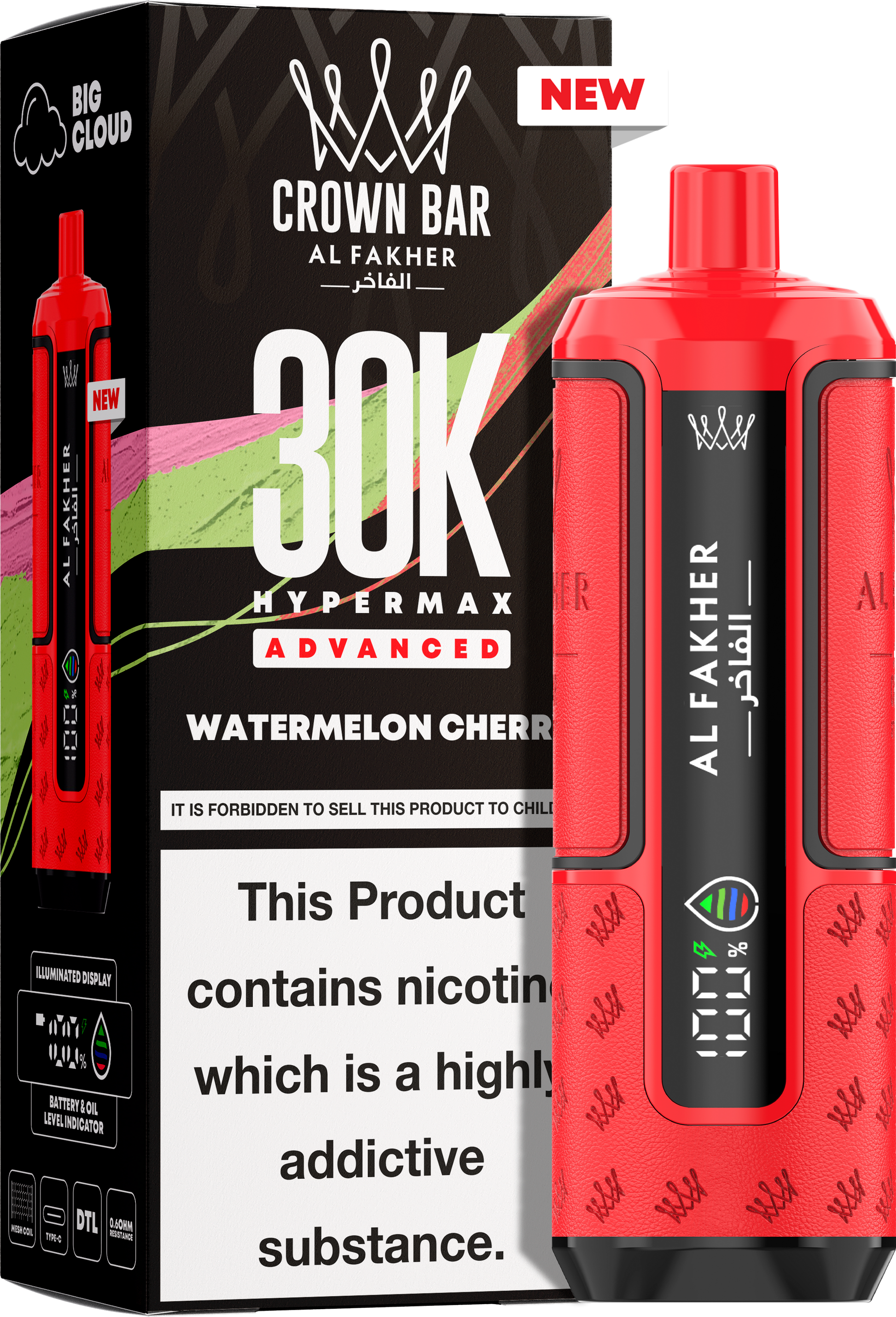 close-up view Al Fakher Crown Bar Vape 30K Hypermax Watermelon Cherry