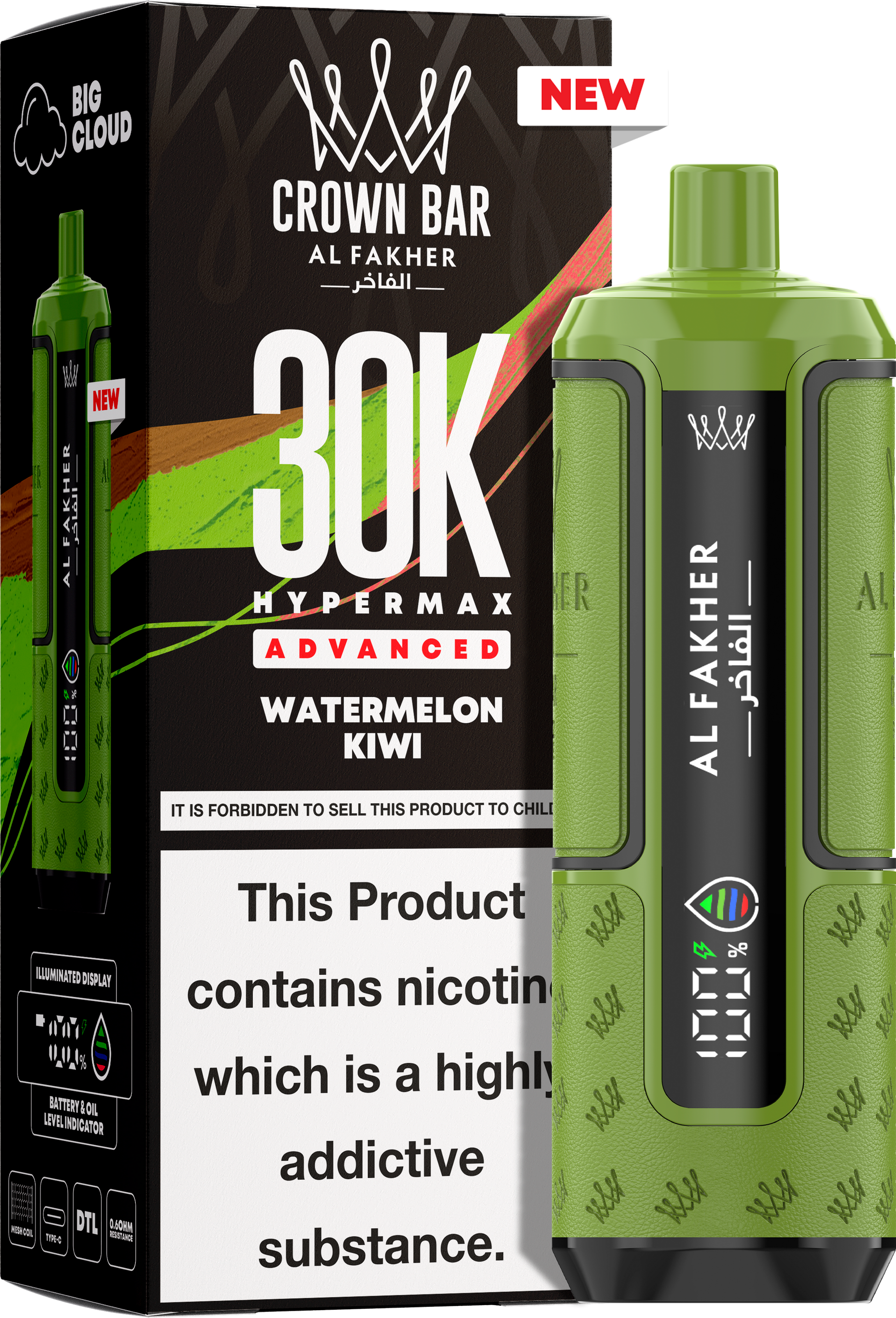 close-up view Al Fakher Crown Bar Vape 30K Hypermax Watermelon Kiwi
