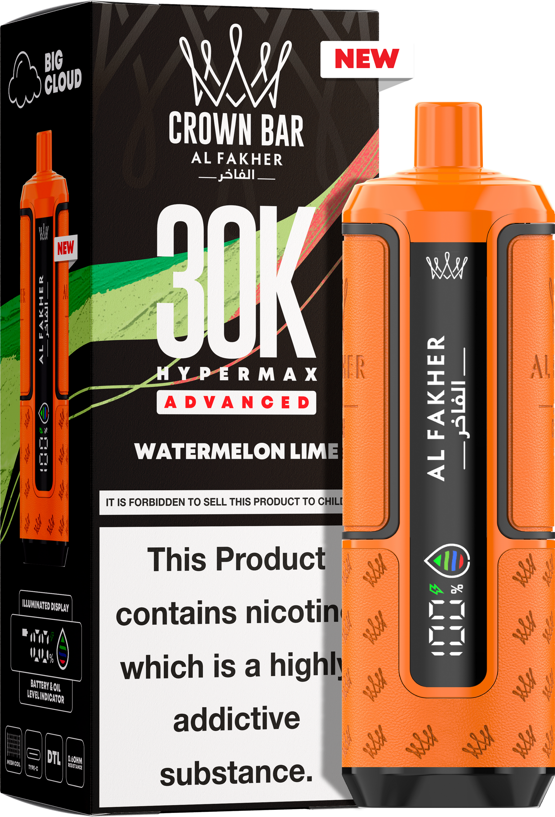 close-up view Al Fakher Crown Bar Vape 30K Hypermax Watermelon Lime
