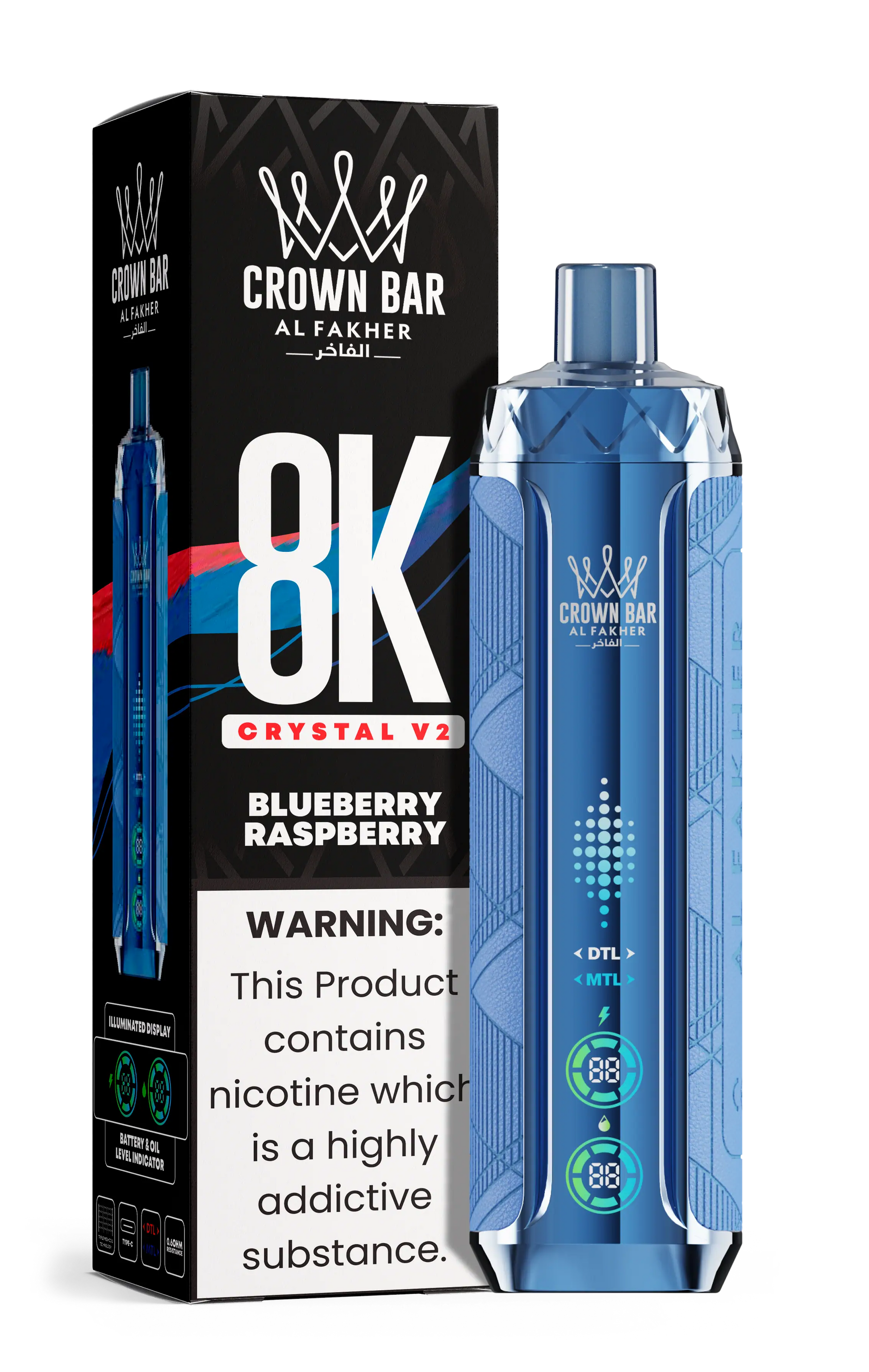 Al Fakher Crown Bar 8K Crystal V2 Blueberry Raspberry kaufen – 8000 Puffs Einweg Vape | bigpuff.shop