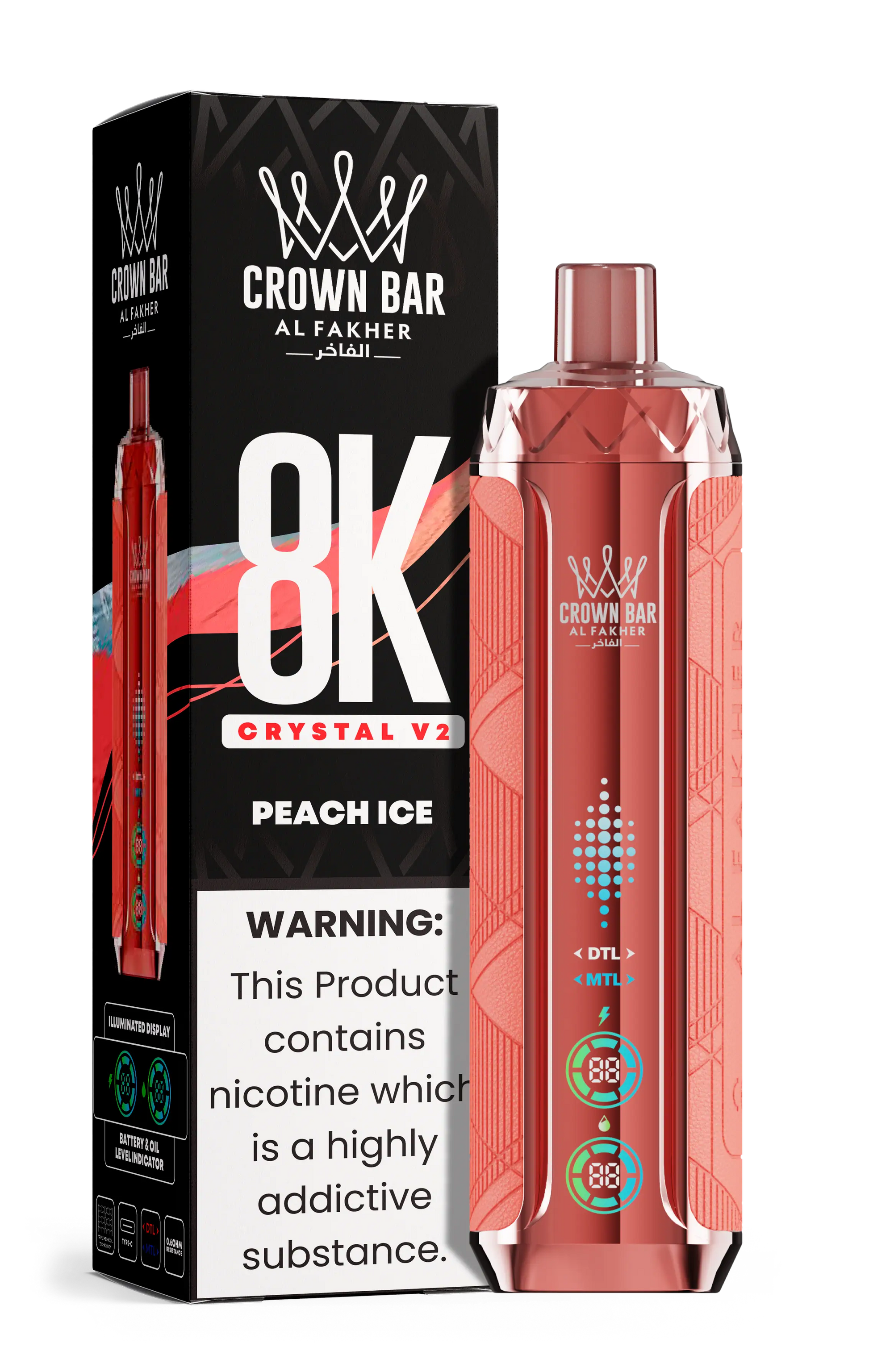 Al Fakher Crown Bar 8K Crystal V2 Peach Ice kaufen – 8000 Züge Einweg Vape | bigpuff.shop