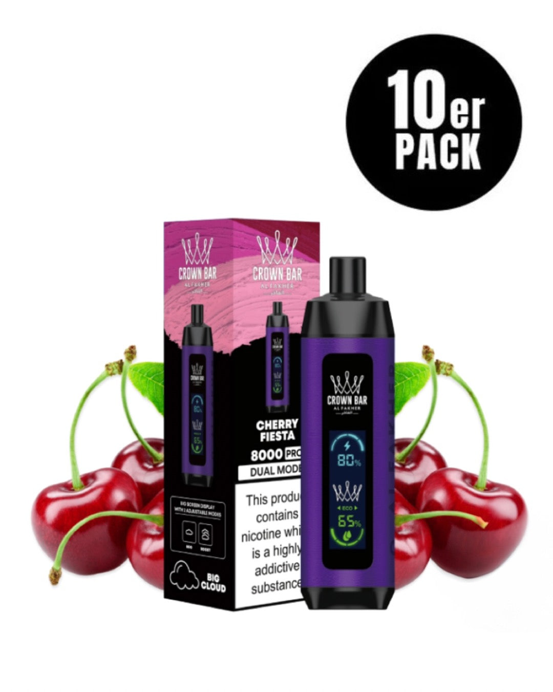 close-up view Al Fakher Crown Bar 15000 Pro Max Cherry Fiesta - 10 per pack