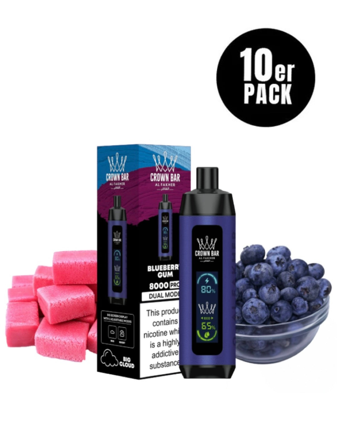 close-up view Al Fakher Crown Bar 15000 Pro Max Blueberry Gum - 10 per pack