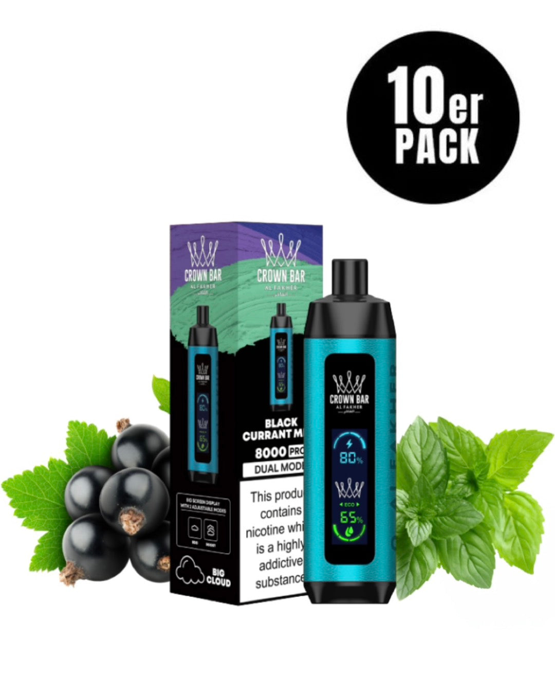 close-up view Al Fakher Crown Bar 15000 Pro Max Black Currant Mint - 10 per pack