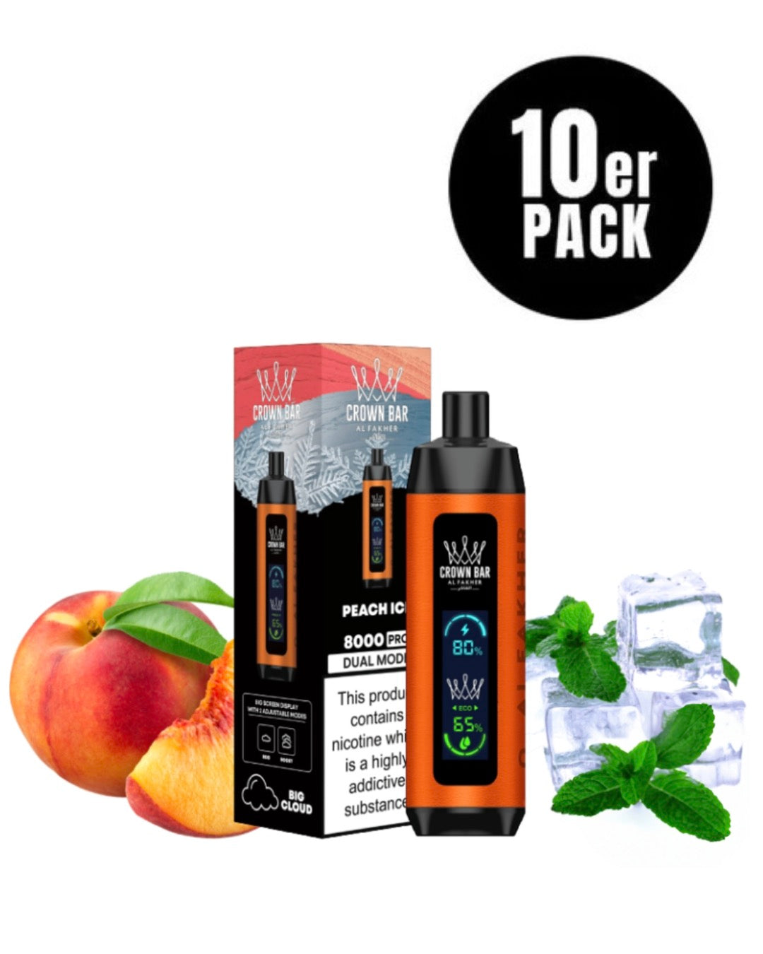 close-up view Al Fakher Crown Bar 15000 Pro Max Peach Ice - 10 per pack